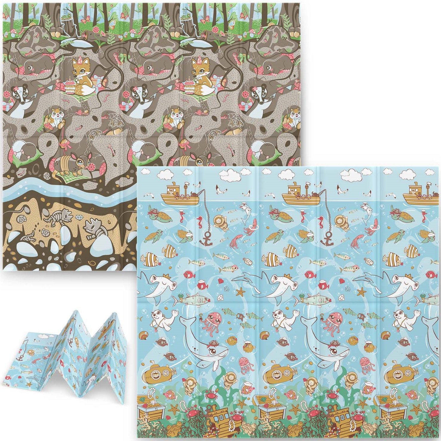 Nukido Baby Play Mat NK-340 - Αντιολισθητικό Αναδιπλούμενο Παιδικό / Βρεφικό Χαλάκι Δύο Όψεων για Δραστηριότητες / Παιχνίδι από Αφρό XPE - 200 x 180 x 1cm Ocean / Soil