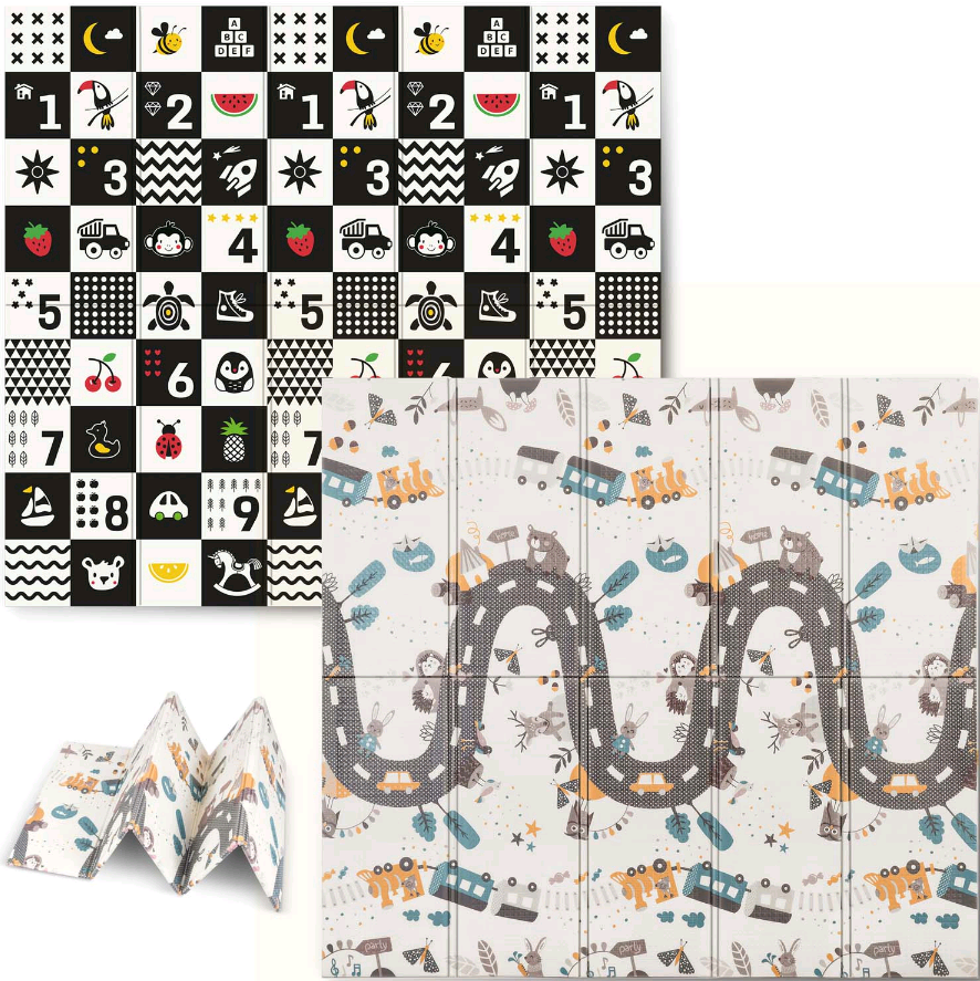 Nukido Baby Play Mat NK-340 - Αντιολισθητικό Αναδιπλούμενο Παιδικό / Βρεφικό Χαλάκι Δύο Όψεων για Δραστηριότητες / Παιχνίδι από Αφρό XPE - 200 x 180 x 1 cm - Trains / Numbers