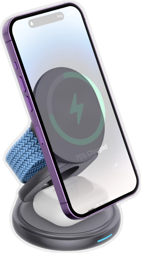 Ofkoz 3in1 360° Foldable Magnetic Wireless Charger - Μαγνητική Αναδιπλούμενη Περιστρεφόμενη Βάση Ασύρματης Φόρτισης MagSafe για iPhone 16 / 15 / 14 / 13 / 12 / AirPods / Apple Watch - 15W - Grey