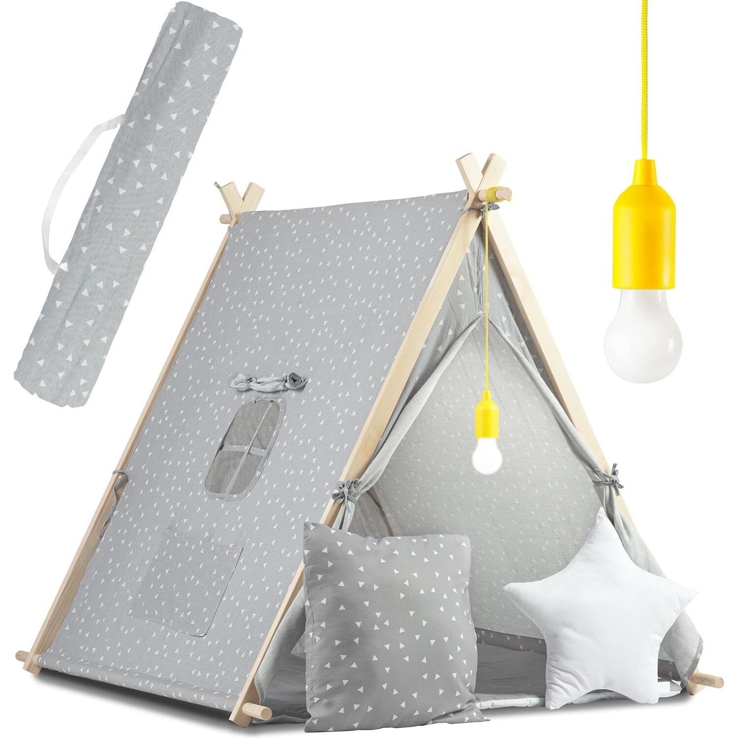 Παιδική Σκηνή Teepee NK-405 Nukido Kids Tent Ινδιάνικη με 1 x Χαλάκι / 2 x Μαξιλάρια / 1 x Φωτιστικό LED Gray / Triangles