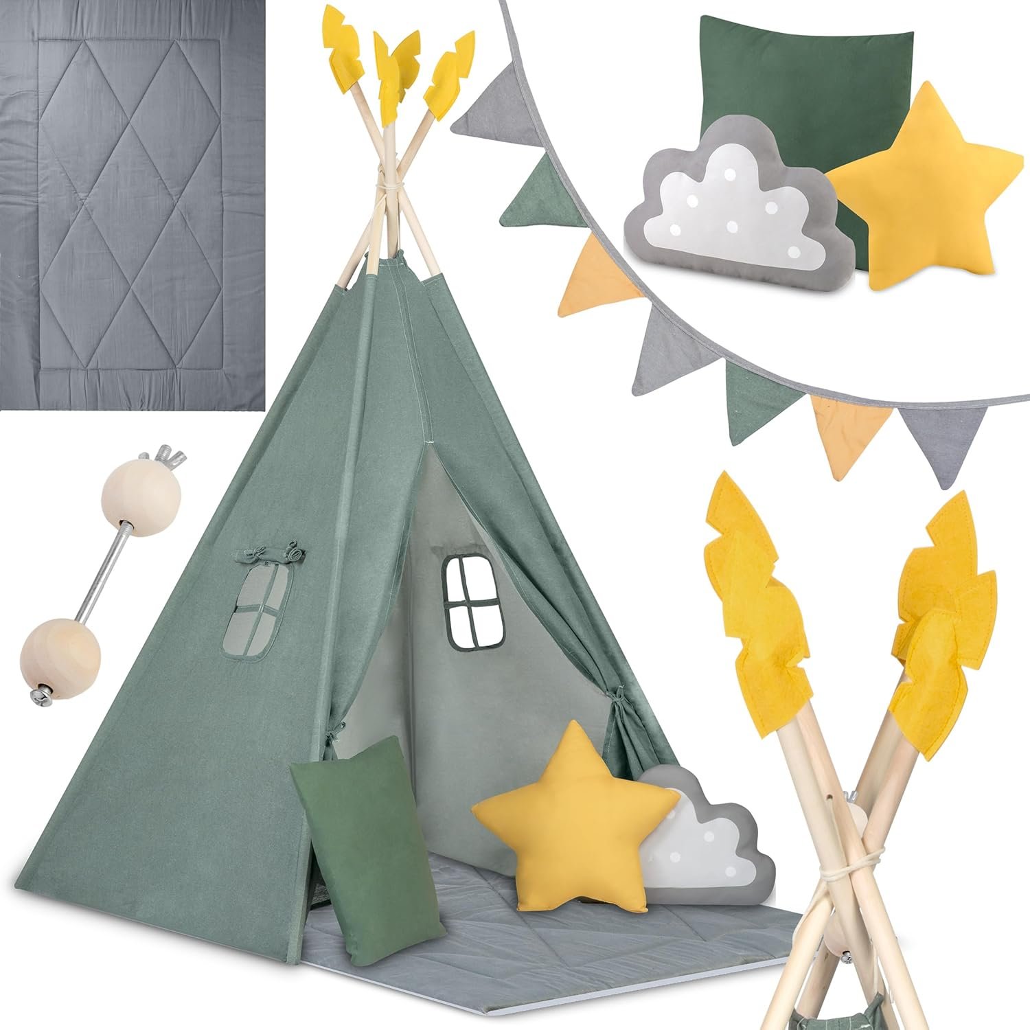 Παιδική Σκηνή Teepee NK-406 Nukido Kids Tipi Tent Ινδιάνικη με 1 x Χαλάκι / 3 x Μαξιλάρια / 1 x Γιρλάντα Dark Green