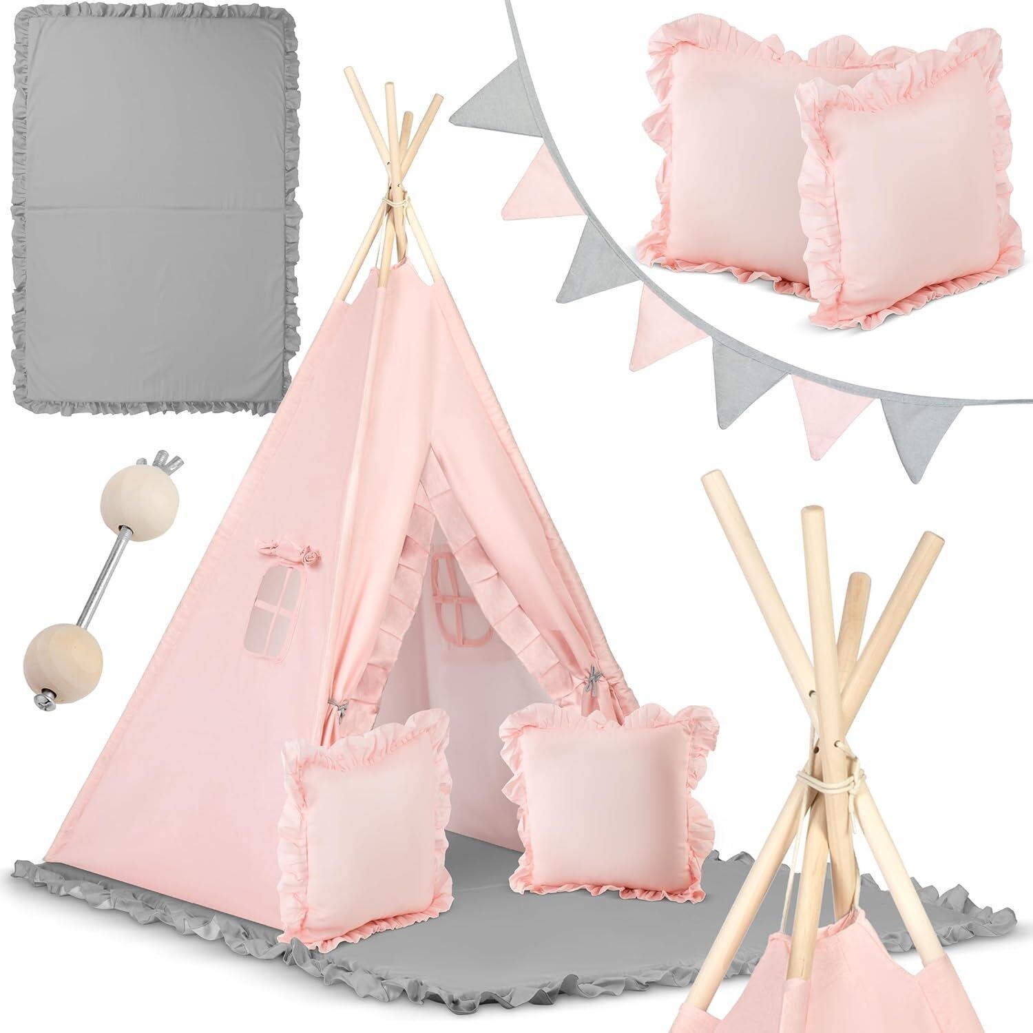 Παιδική Σκηνή Teepee NK-406 Nukido Kids Tipi Tent Ινδιάνικη με 1 x Χαλάκι / 2 x Μαξιλάρια / 1 x Γιρλάντα Light Pink