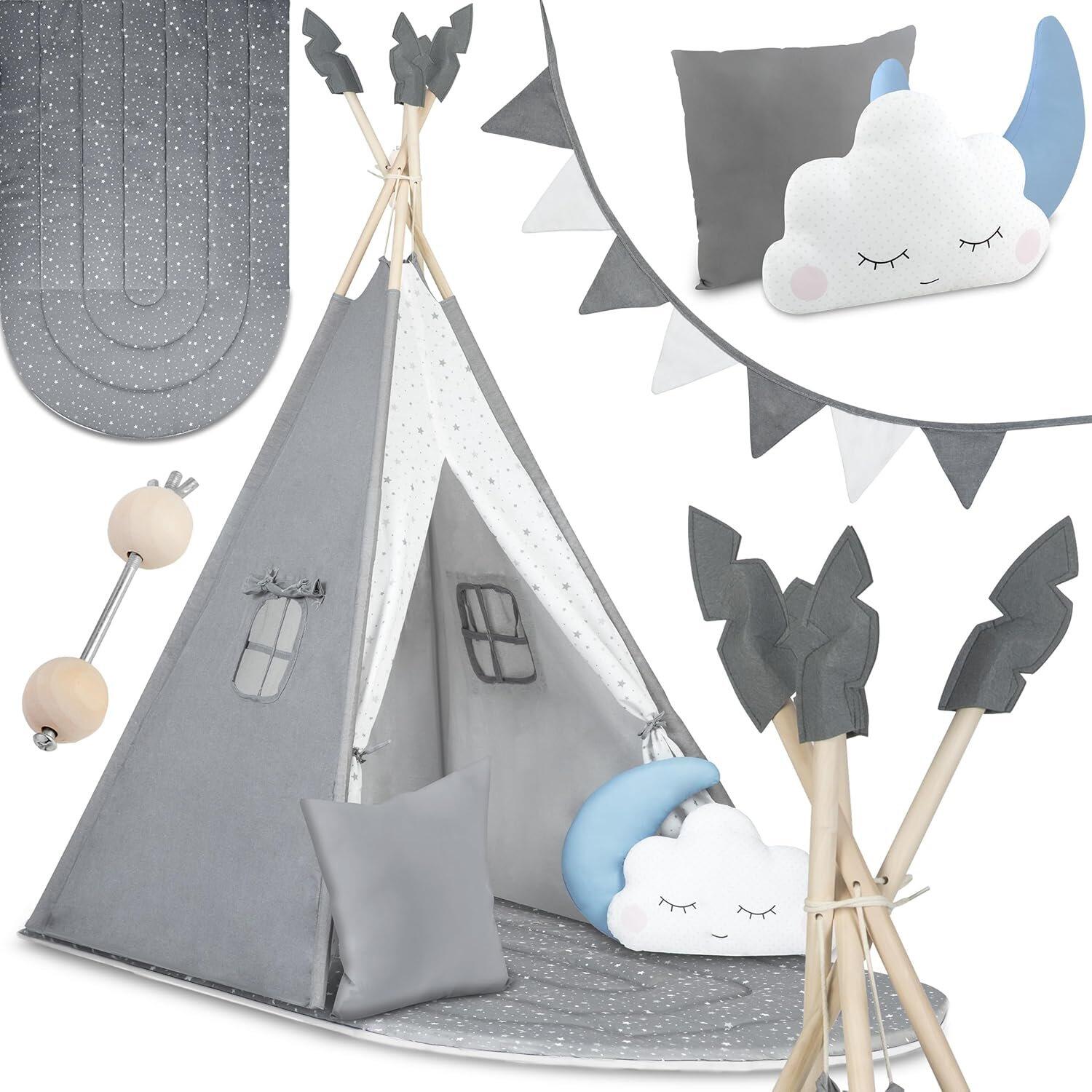 Παιδική Σκηνή Teepee Nukido Kids Tipi Tent NK-406 Ινδιάνικη με 1 x Χαλάκι / 3 x Μαξιλάρια / 1 x Γιρλάντα Dark Gray / White