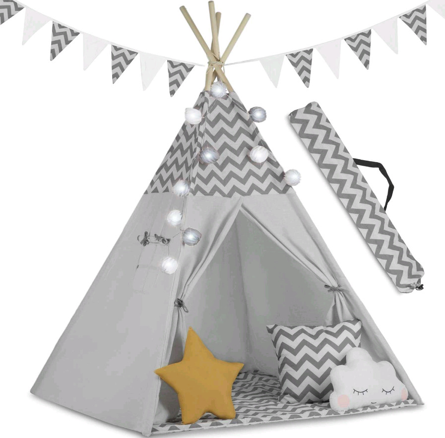 Παιδική Σκηνή Teepee Nukido Kids Tipi Tent Ινδιάνικη με 3 x Μαξιλάρια / Γιρλάντα & Φωτάκια Gray / Zigzag
