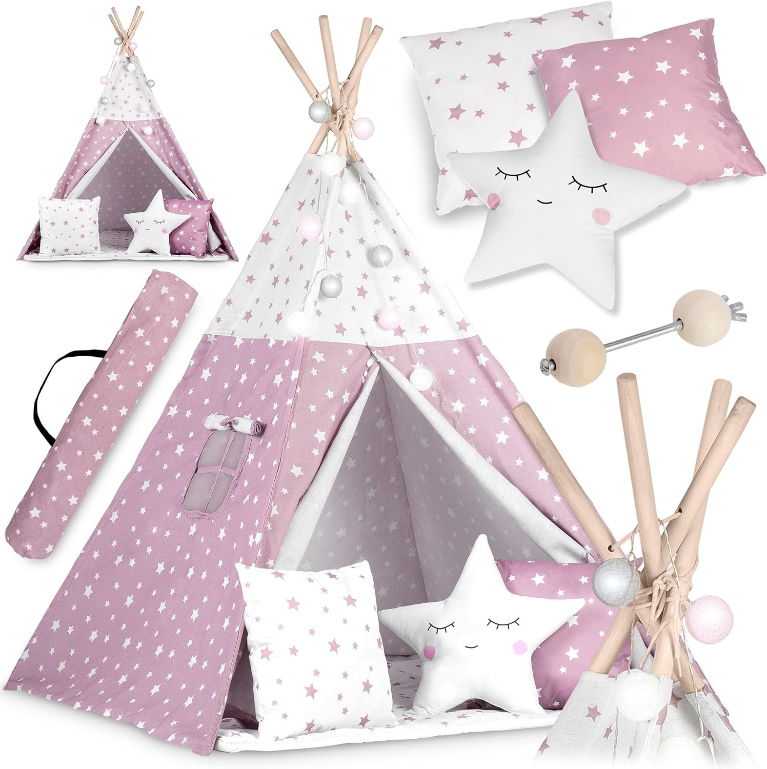 Παιδική Σκηνή Teepee Nukido Kids Tipi Tent Ινδιάνικη με 3 x Μαξιλάρια & Φωτάκια Pink / Stars