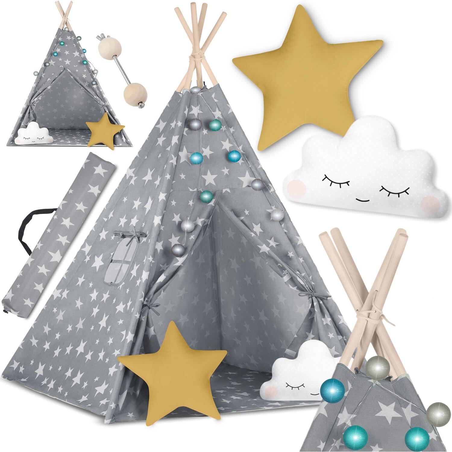 Παιδική Σκηνή Teepee Nukido Kids Tipi Tent NK-401 Ινδιάνικη με 2 x Μαξιλάρια & Φωτάκια Gray / Stars