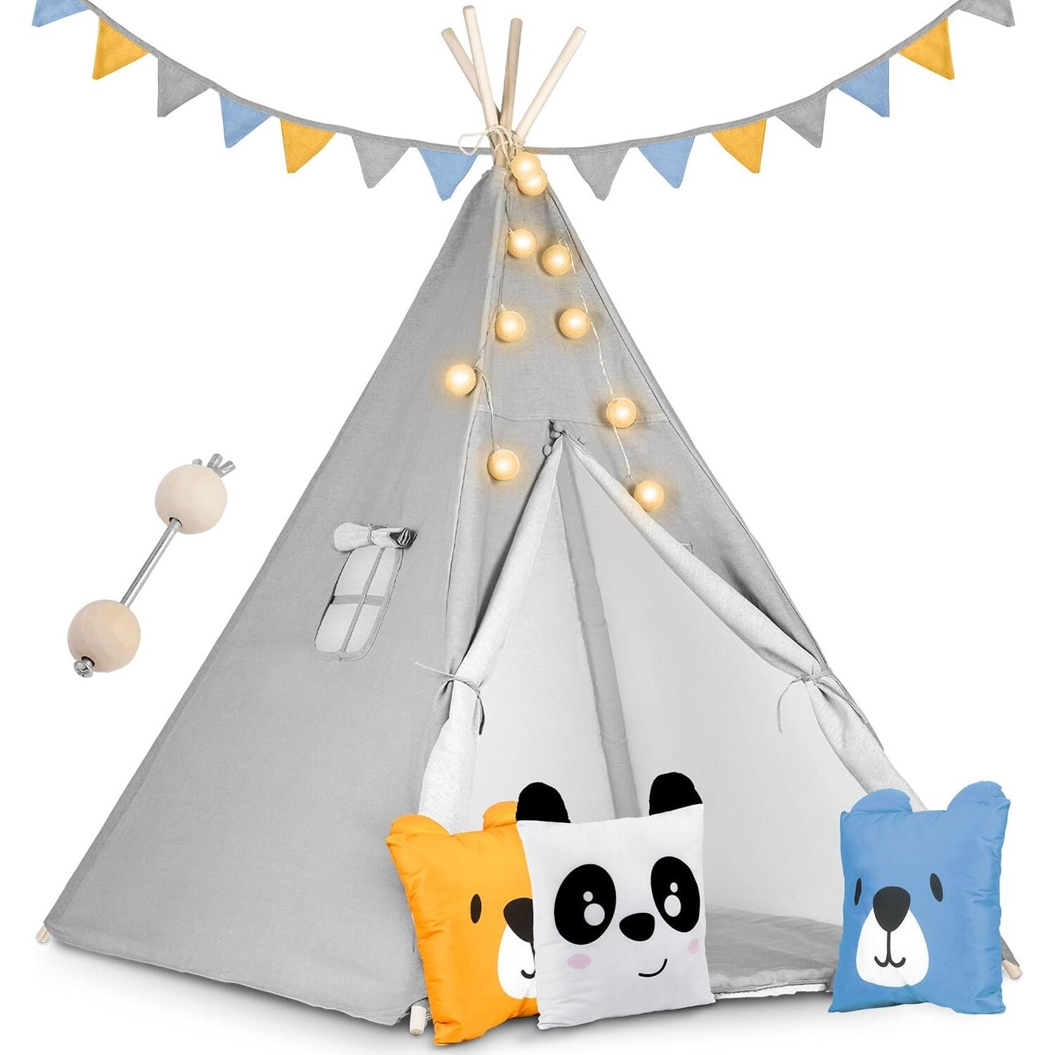 Παιδική Σκηνή Teepee Nukido Kids Tipi Tent NK-400 Ινδιάνικη με 3 x Μαξιλάρια / Γιρλάντα & Φωτάκια Gray