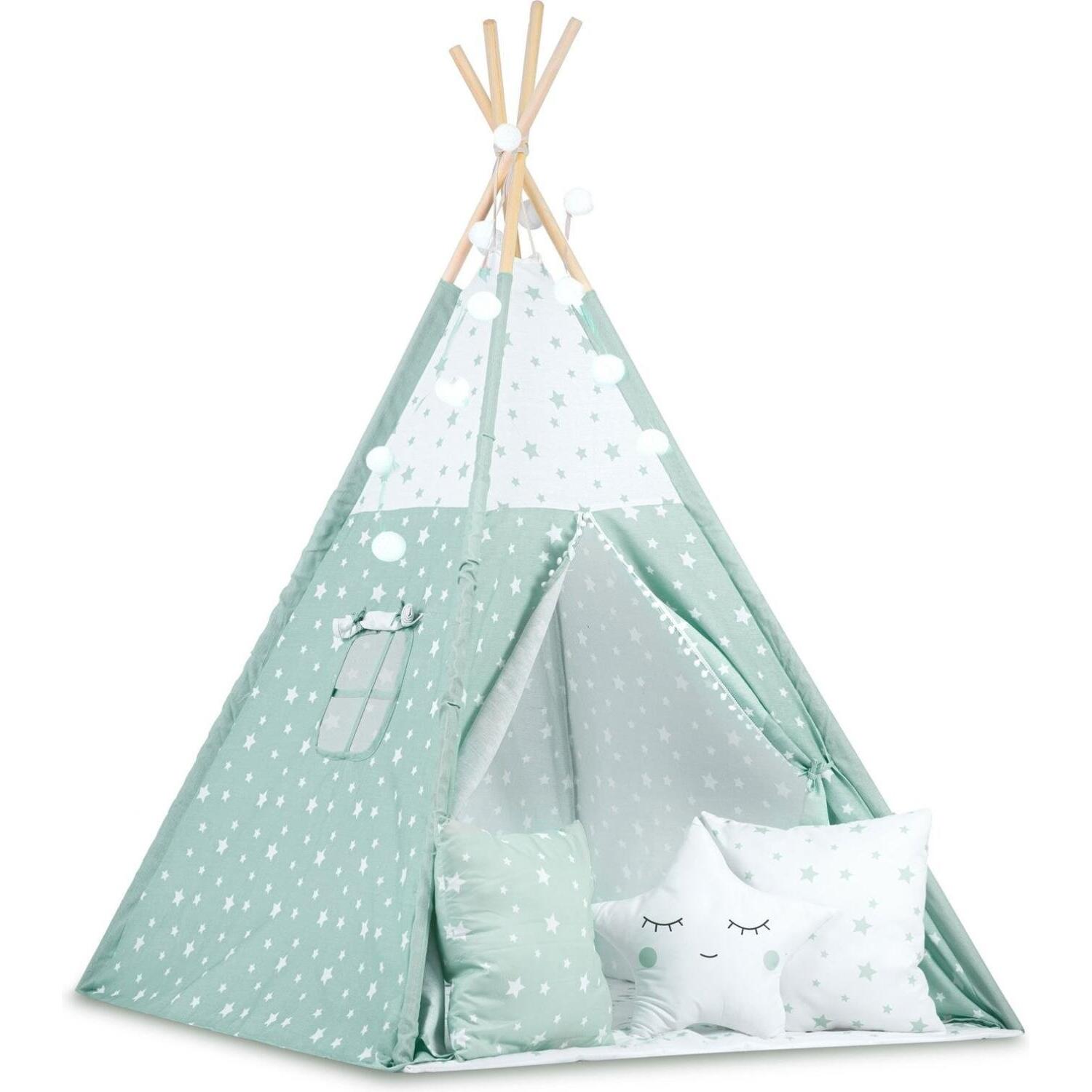 Παιδική Σκηνή Teepee Nukido Kids Tipi Tent NK-400 Ινδιάνικη με 3 x Μαξιλάρια & Φωτάκια Mint / Stars