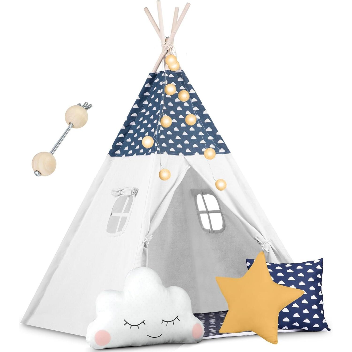 Παιδική Σκηνή Teepee Nukido Kids Tipi Tent NK-404 Ινδιάνικη με 3 x Μαξιλάρια & Φωτάκια Dark Blue / Clouds
