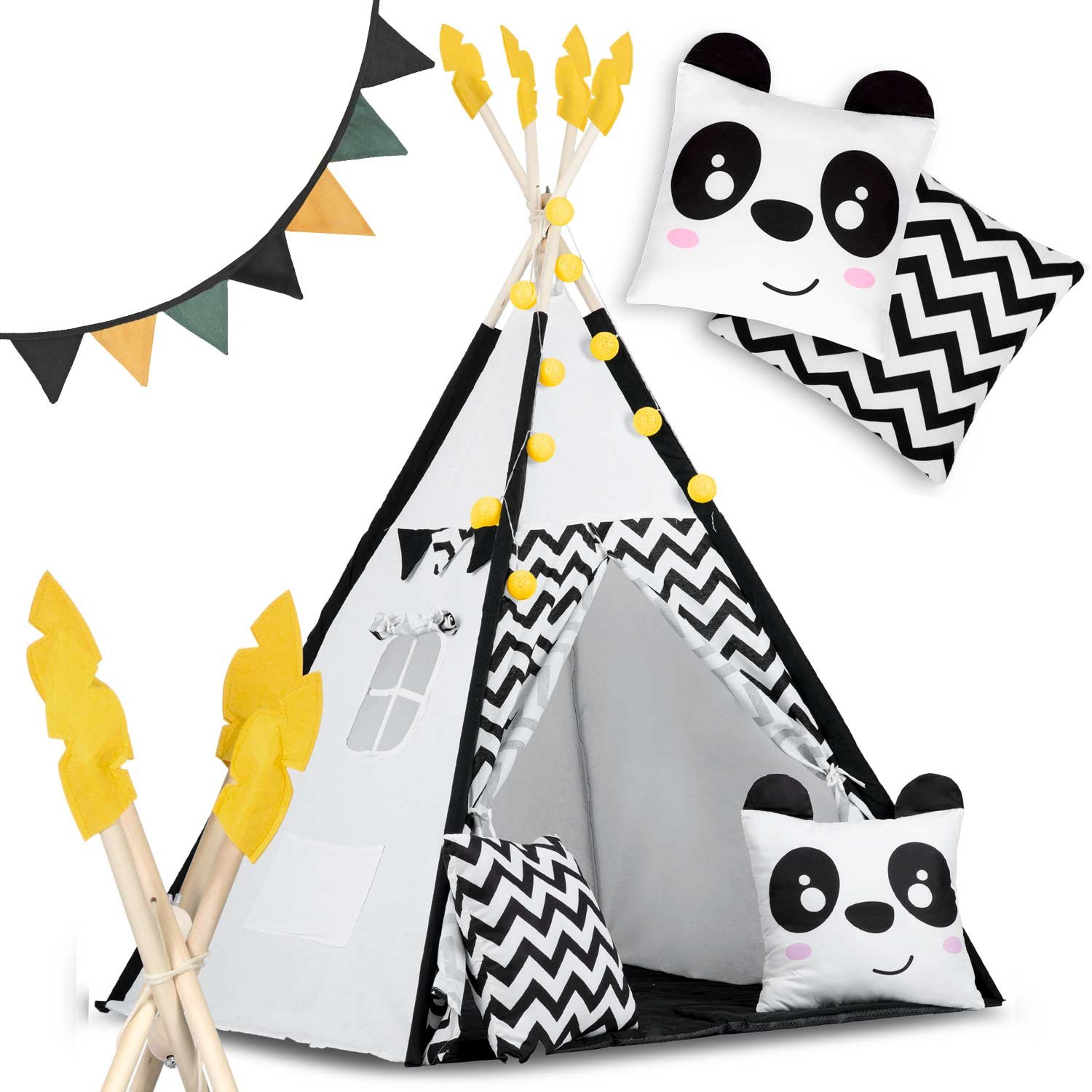 Παιδική Σκηνή Teepee Nukido NK-400 Kids Tipi Tent Ινδιάνικη με 2 x Μαξιλάρια / Γιρλάντα & Φωτάκια Black / White