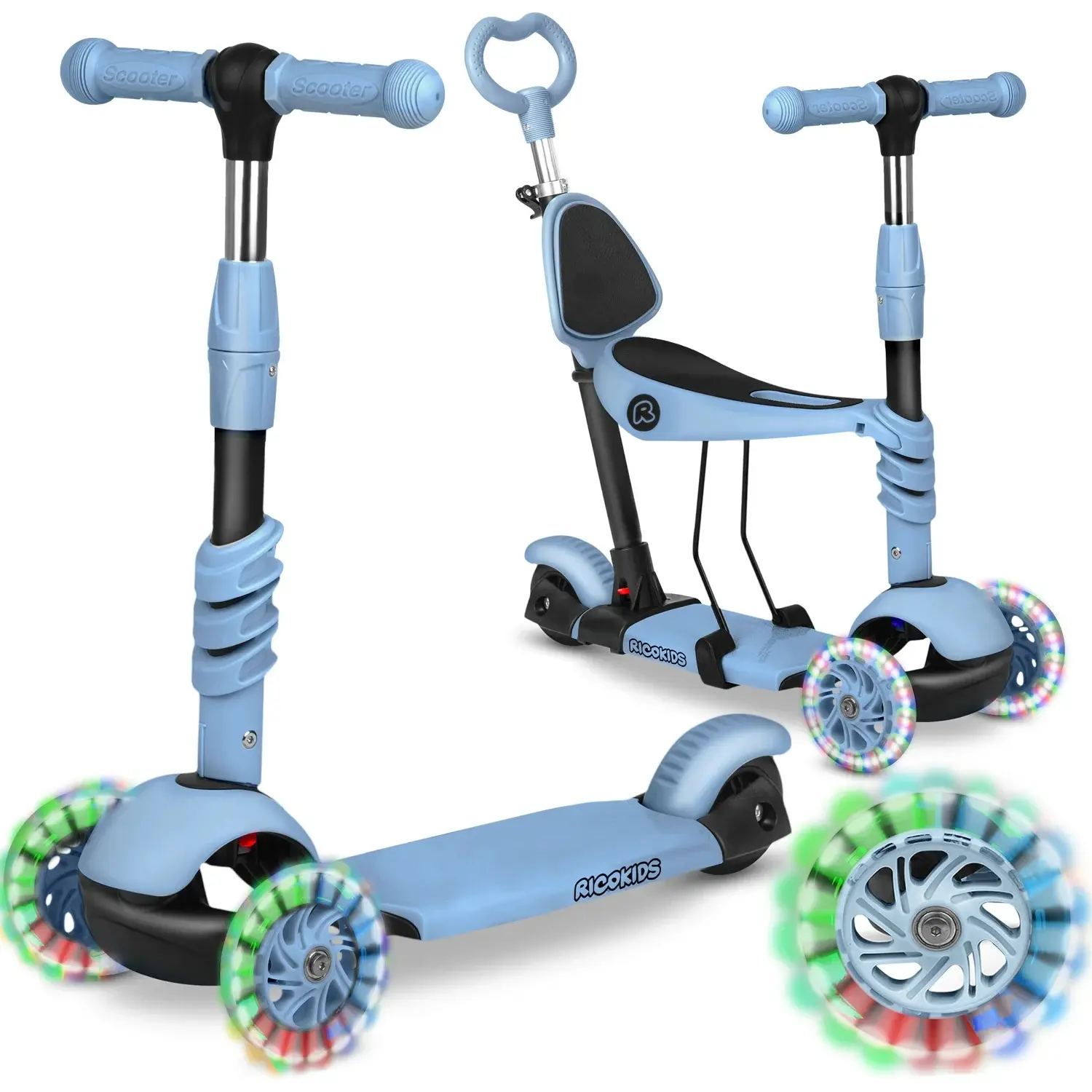 Παιδικό Πατίνι Ricokids Todi Τρίτροχο Scooter με Αποσπώμενο Κάθισμα / LED Φωτιζόμενες Ρόδες & Τιμόνι Αλουμινίου Blue / Grey