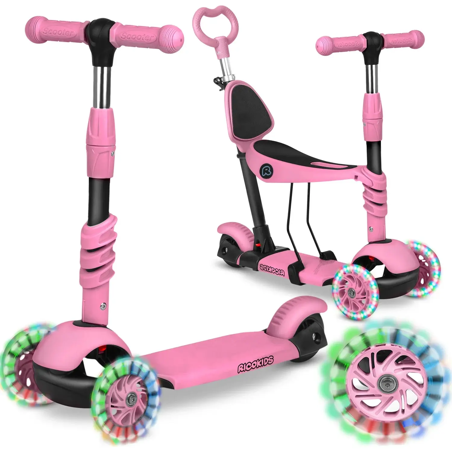 Παιδικό Πατίνι Ricokids Todi Τρίτροχο Scooter με Αποσπώμενο Κάθισμα / LED Φωτιζόμενες Ρόδες & Τιμόνι Αλουμινίου Pink
