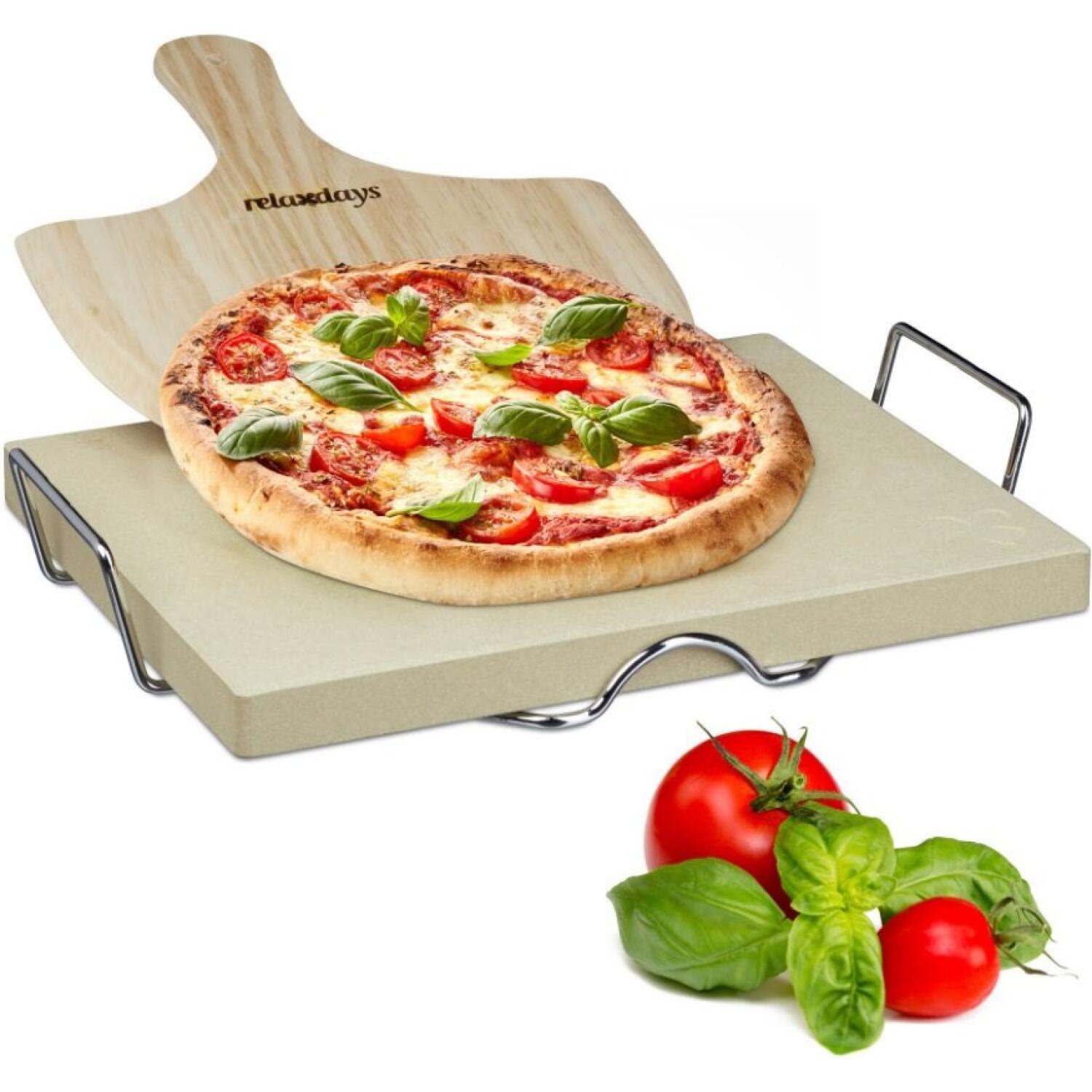 Πέτρα Ψησίματος Πίτσας Relaxdays Pizza Stone Set Σετ με Ξύλινο Φτυάρι & Μεταλλική Βάση 38 x 30 x 3 cm Beige