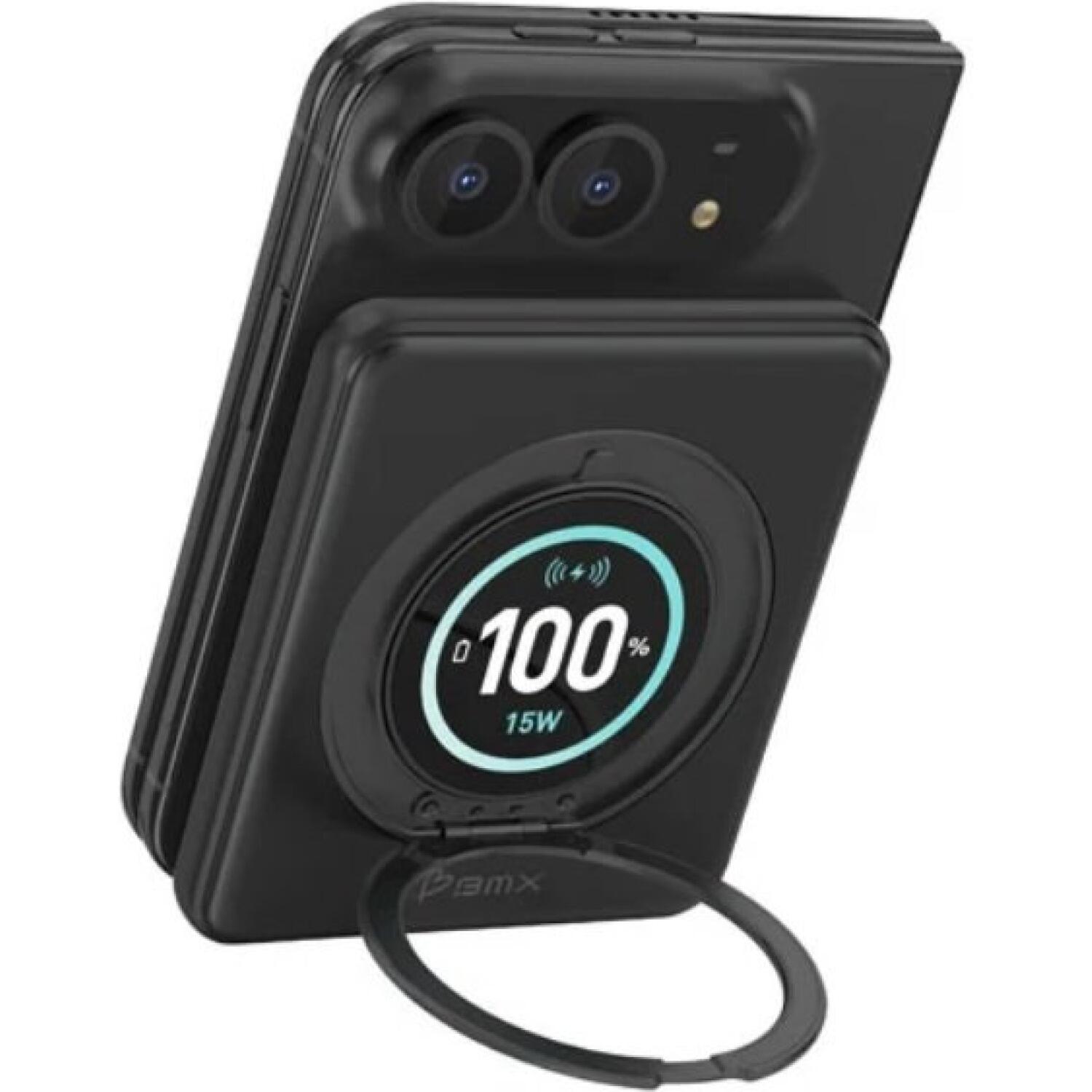 PowerBank BMX SolidSafe Duo 5.000mAh με Πιστοποίηση CCC / CE / Για iPhone Duo με Μαγνητική Ασύρματη Φόρτιση MagSafe 15W / KickStand / Ενσωματωμένo Καλώδιo Type-C & 1 x Type-C 20W Black 