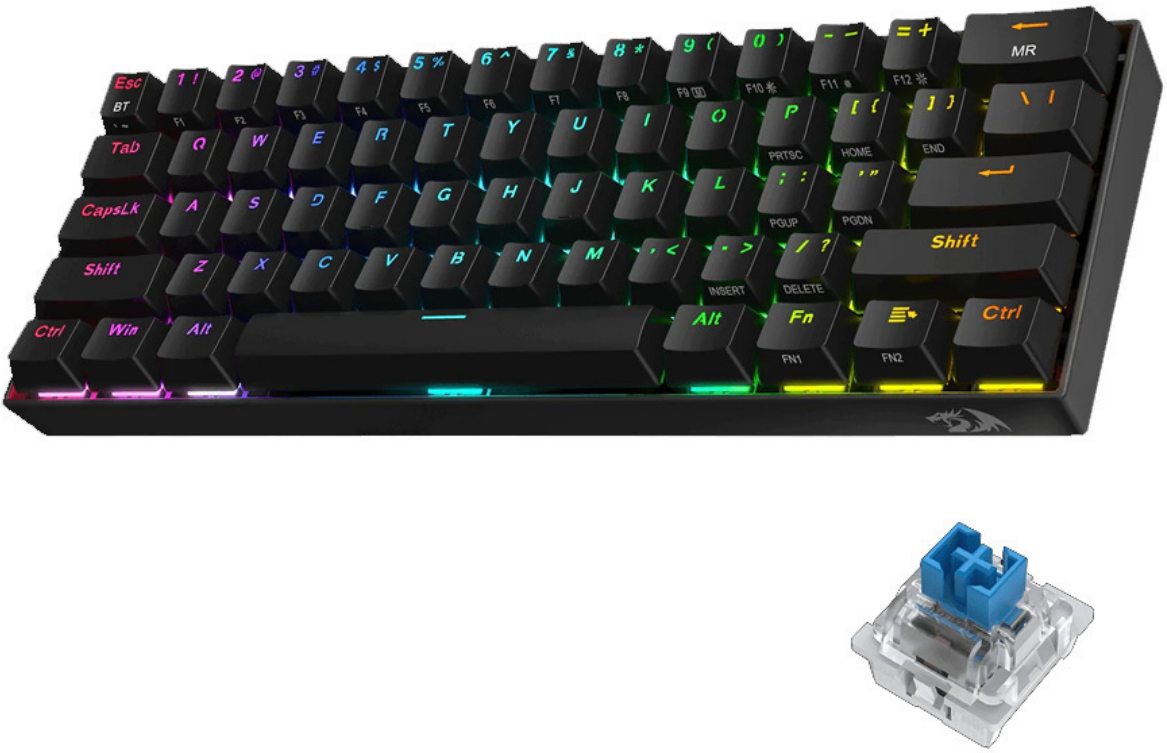 Redragon K530 RGB Dragonic Pro - Ασύρματο / Ενσύρματο RGB Gaming Μηχανικό Πληκτρολόγιο 60% με Custom Blue Διακόπτες - US - Black