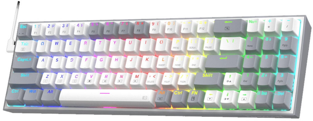 Redragon K628 Pollux RGB Mechanical Gaming Keyboard - Ενσύρματο RGB Gaming Μηχανικό 75% Πληκτρολόγιο με 78 Hot-Swappable Red Διακόπτες - US - White / Grey