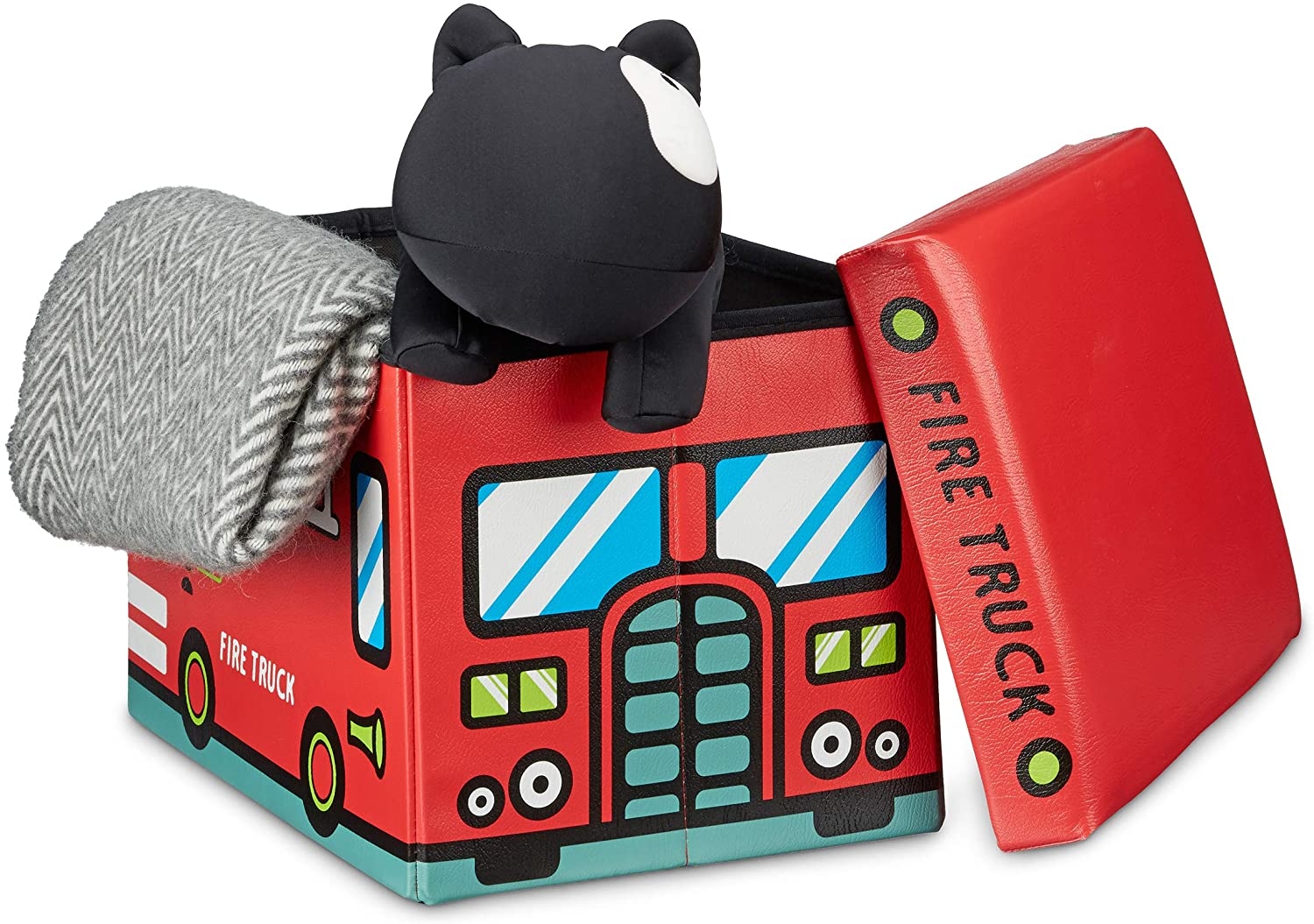 Relaxdays Πτυσσόμενο Παιδικό Σκαμπό / Κουτί με Αποθηκευτικό Χώρο για Παιχνίδια - Fire Truck