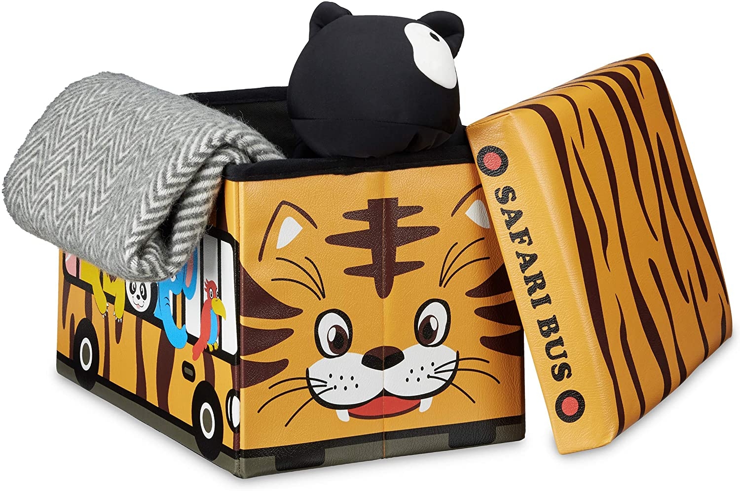 Relaxdays Πτυσσόμενο Παιδικό Σκαμπό / Κουτί με Αποθηκευτικό Χώρο για Παιχνίδια - Safari Bus