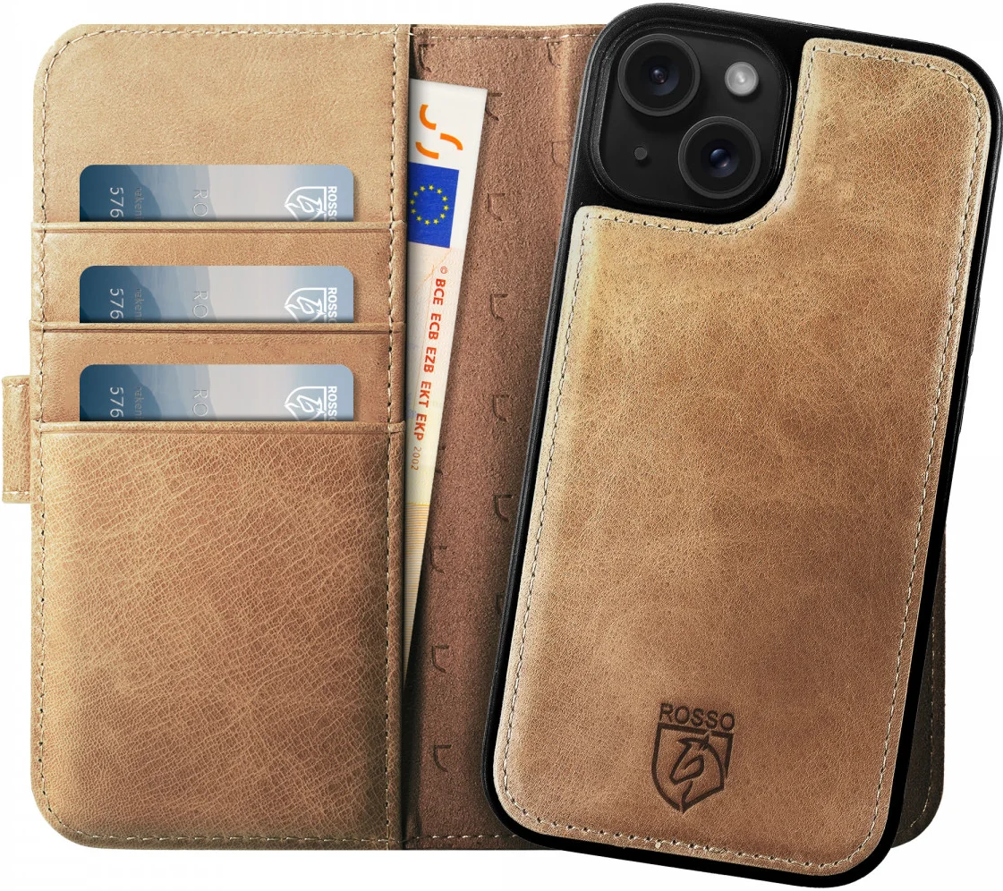 Rosso Elite - MagSafe Δερμάτινη Θήκη / Πορτοφόλι - Apple iPhone 15 Plus - Light Brown