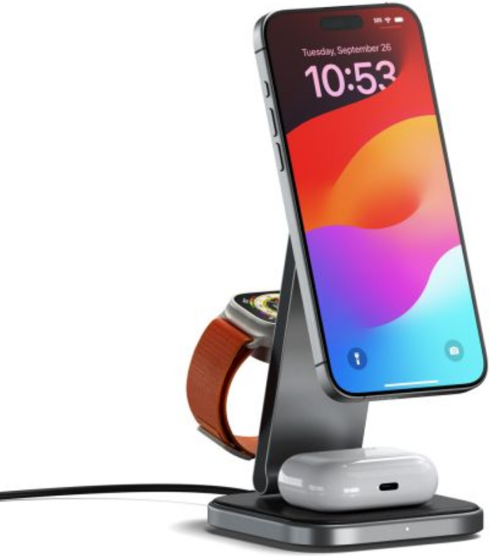 Satechi 3-in-1 Foldable Qi2 Wireless Charging Stand - Μαγνητική Αναδιπλούμενη Βάση Ασύρματης Φόρτισης MagSafe 15W για iPhone / AirPods / Apple Watch με Αντάπτορα Ταξιδιού 45W & Βύσματα EU / US / UK - Space Gray