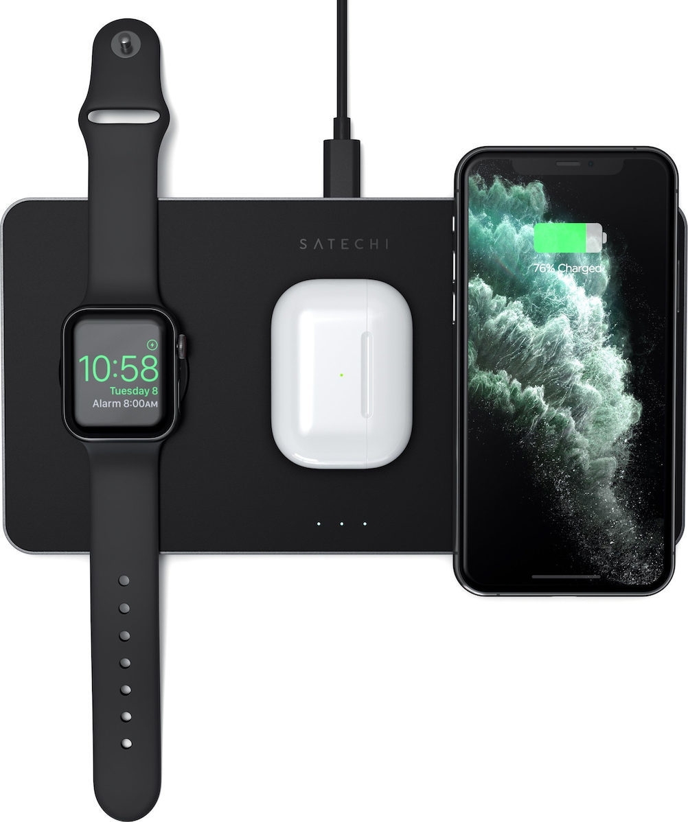 Satechi Trio Wireless Charger With Magnetic Pad - Ασύρματη Βάση Φόρτισης Qi / MagSafe για Smartphone / Airpods / Apple Watch - Space Grey