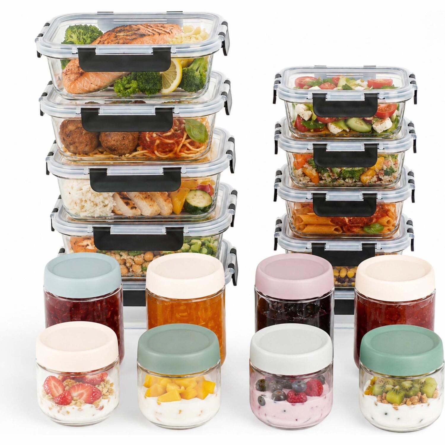 Σετ 18 Γυάλινα Τάπερ Αποθήκευσης Φαγητού Relaxdays Δοχεία με Αεροστεγή Καπάκια Transparent