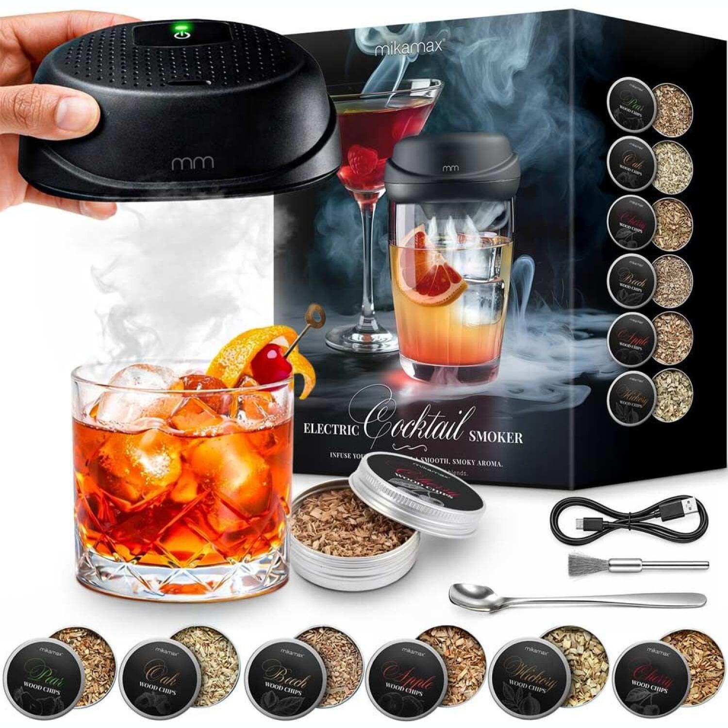 Σετ Καπνίσματος Κοκτέιλ MikaMax Electric Cocktail Smoker Ηλεκτρικό Επαναφορτιζόμενο με 6 Αρώματα Ξύλου Black