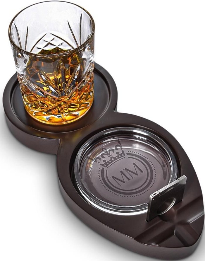 Σετ Ουίσκι & Πούρων MikaMax Whiskey & Cigar Tray με 1 x Ξύλινο Δίσκο / 1 x Ποτήρι / 1 x Τασάκι / 1 x Κόφτης Πούρων / 9 x Πέτρες Ουίσκι