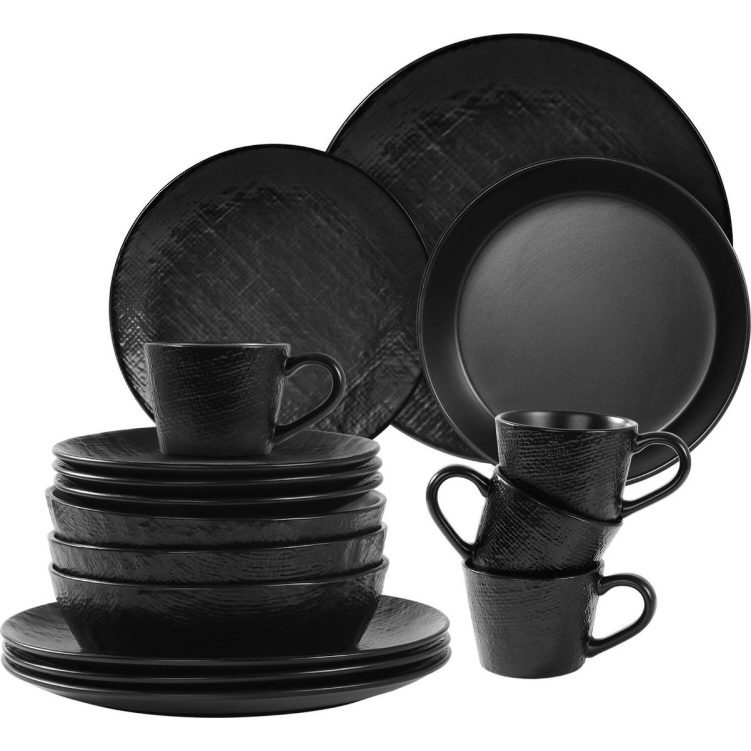 Σετ Πιάτα Φαγητού με Κούπες Navaris Linen Artisan Dinnerware Κεραμικό 16 Τεμαχίων / Σερβίτσιο για 4 Άτομα Charcoal Black