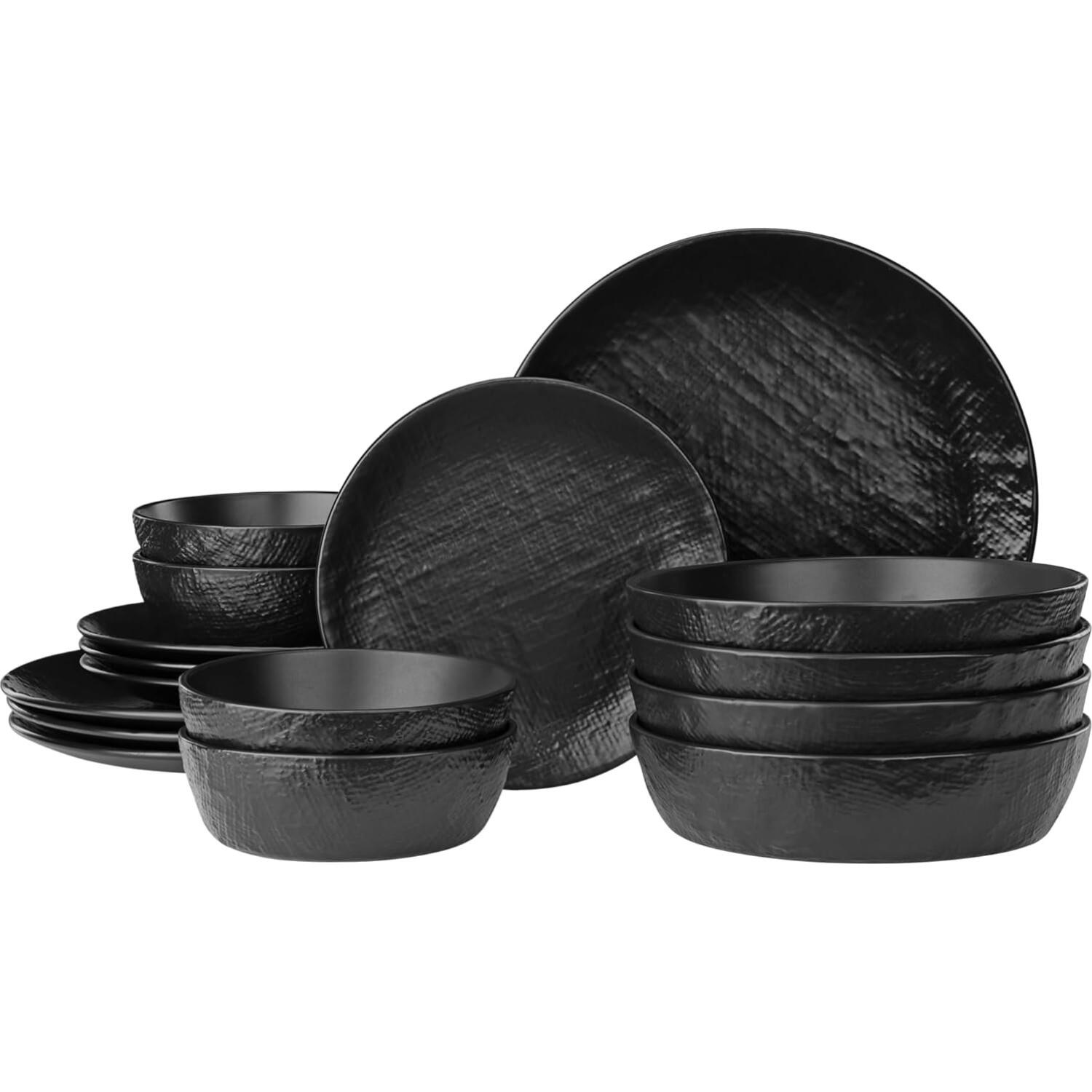 Σετ Πιάτα Φαγητού Navaris Linen Artisan Dinnerware Κεραμικό 16 Τεμαχίων / Σερβίτσιο για 4 Άτομα Charcoal Black