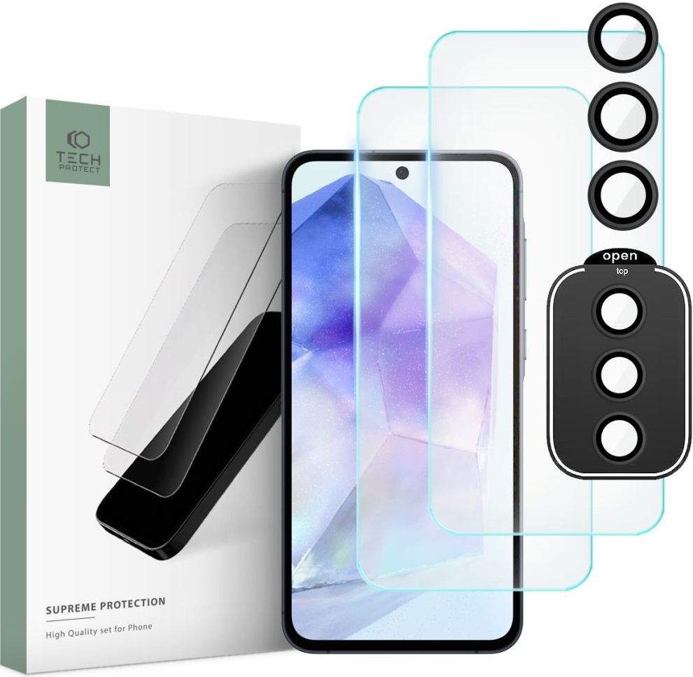Σετ Tempered Glass 2 x Αντιχαρακτικά Προστατευτικά Οθόνης και 1 x Κάμερας - Samsung Galaxy A55 - Tech-Protect Supreme Set - Clear
