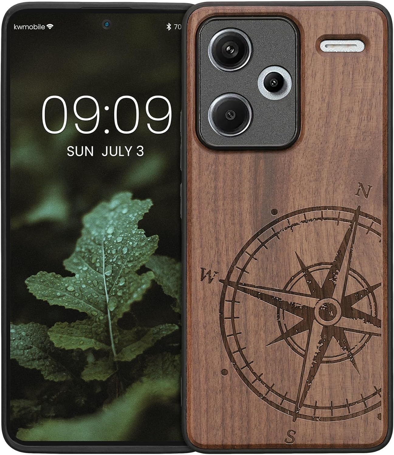 Σκληρή Ξύλινη Θήκη με TPU Bumper - Xiaomi Redmi Note 13 Pro Plus - KWmobile Wood Case with TPU Bumper - Walnut / Navigational Compass 