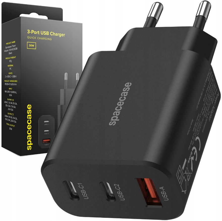 Spacecase SC003B 3-Port Quick USB Charger - Ταχυφορτιστής Ταξιδιού / Αντάπτορας με 1 x USB-A / 2 x Type-C - 30W - Black