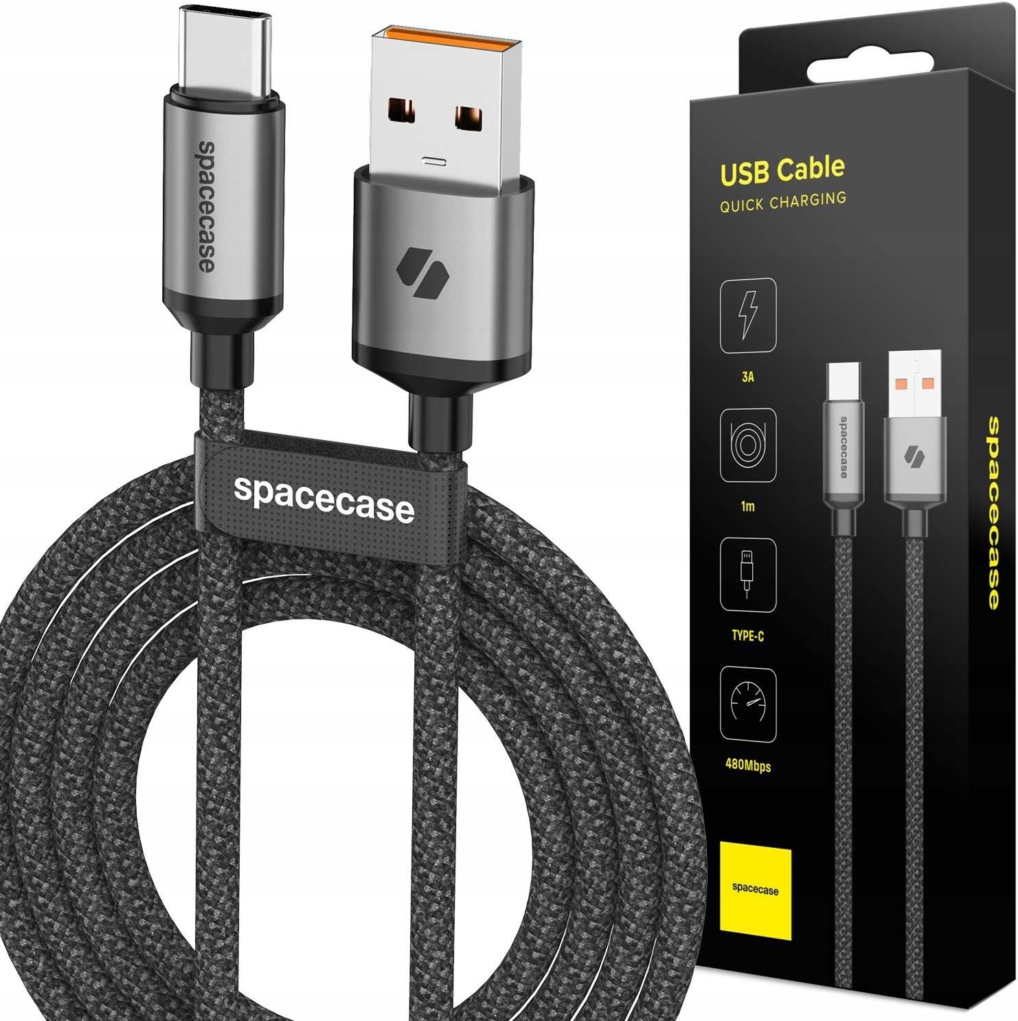 Spacecase USB-C Cable CL03 - Καλώδιο Φόρτισης και Μεταφοράς Δεδομένων USB-A σε Type-C - 100cm - 3A - Black