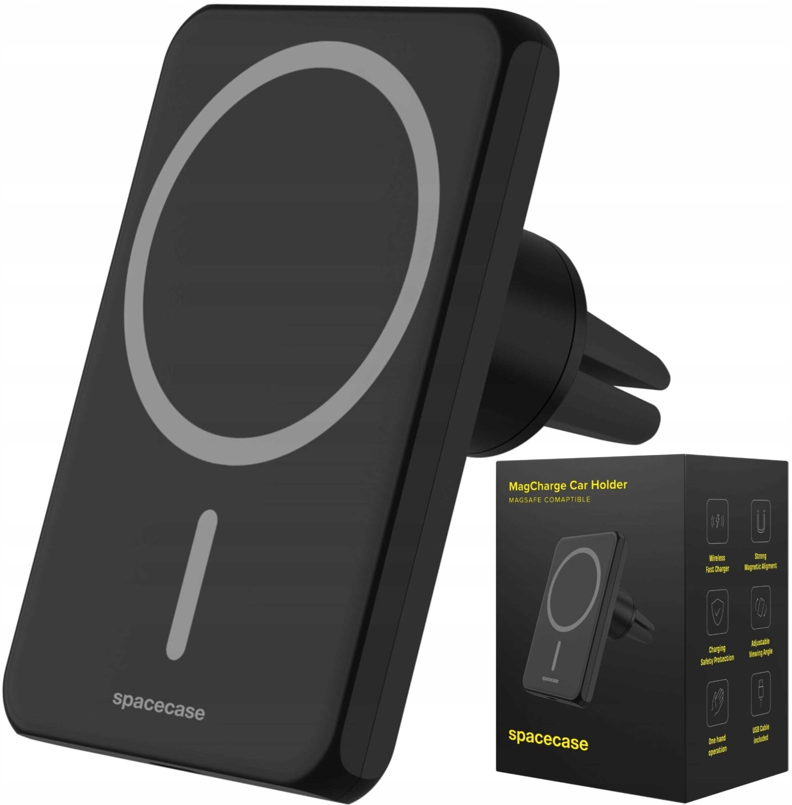 Spacecase WM1B MagCharge Car Holder - Μαγνητική Βάση Ασύρματης Φόρτισης για Κινητά MagSafe για Αεραγωγούς Αυτοκινήτων - 15W - Black