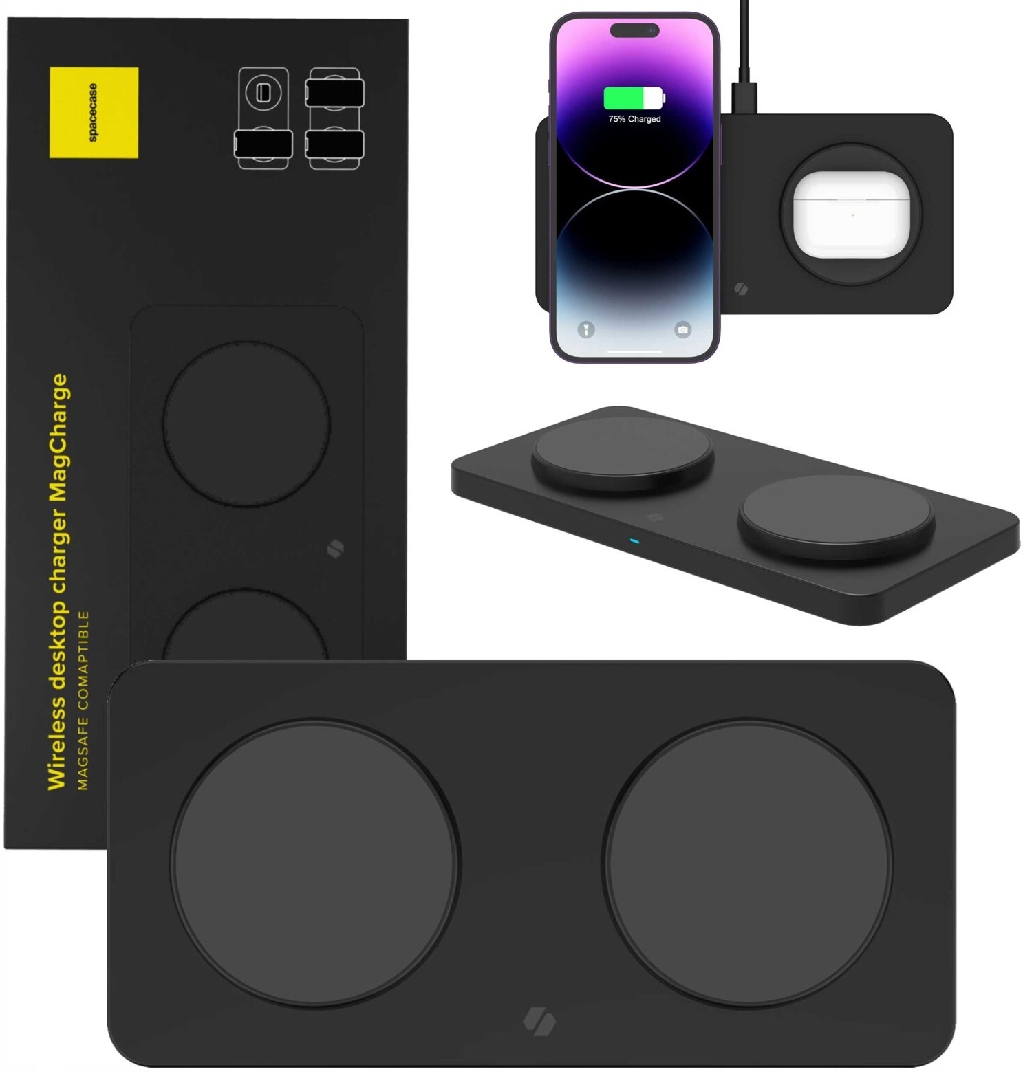Spacecase WM3B Wireless Desktop Dual Charger MagCharge - Βάση Ασύρματης Φόρτισης MagSafe για iPhone 16 / 15 / 14 / 13 / 12 & AirPods - 15W - Black
