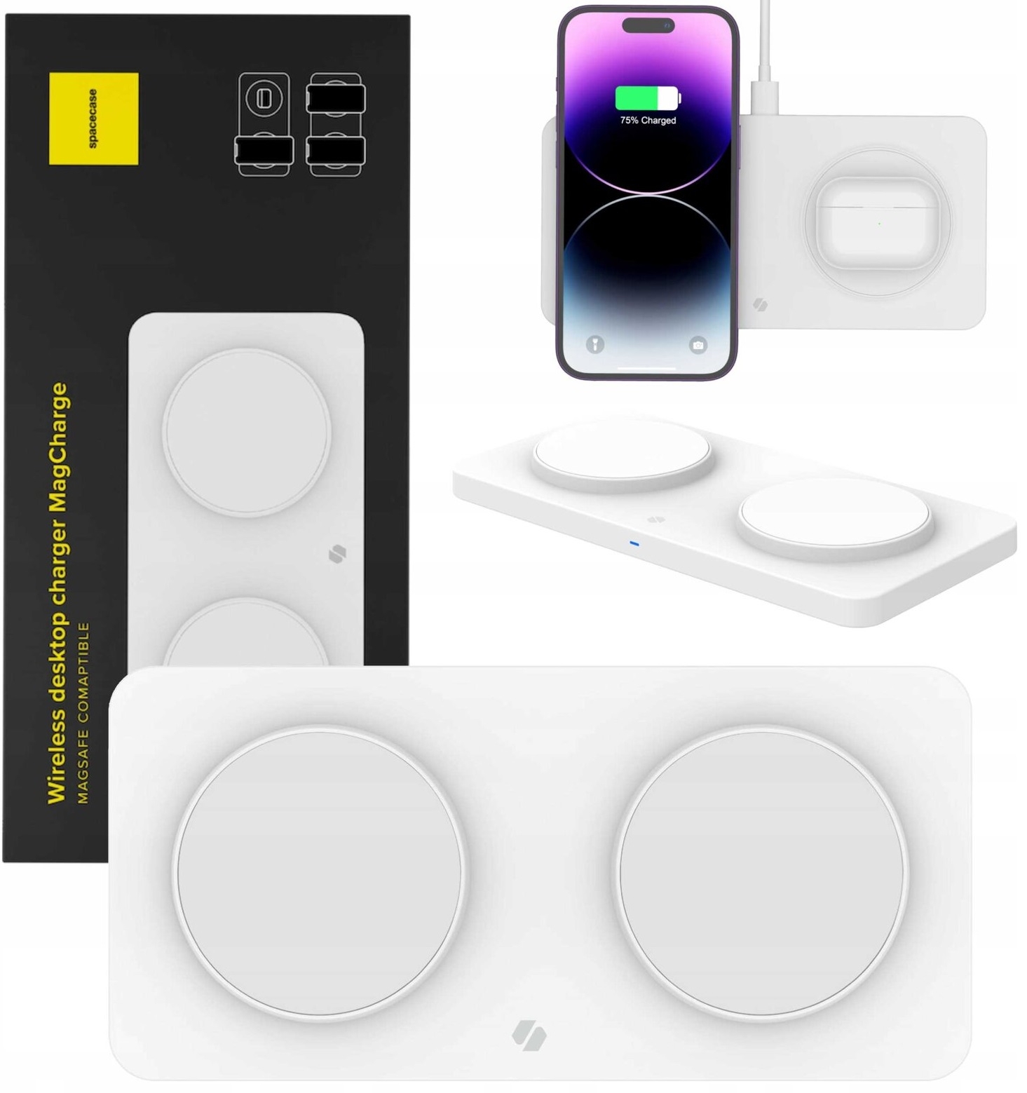 Spacecase WM3W Wireless Desktop Dual Charger MagCharge - Βάση Ασύρματης Φόρτισης MagSafe για iPhone 16 / 15 / 14 / 13 / 12 & AirPods - 15W - White