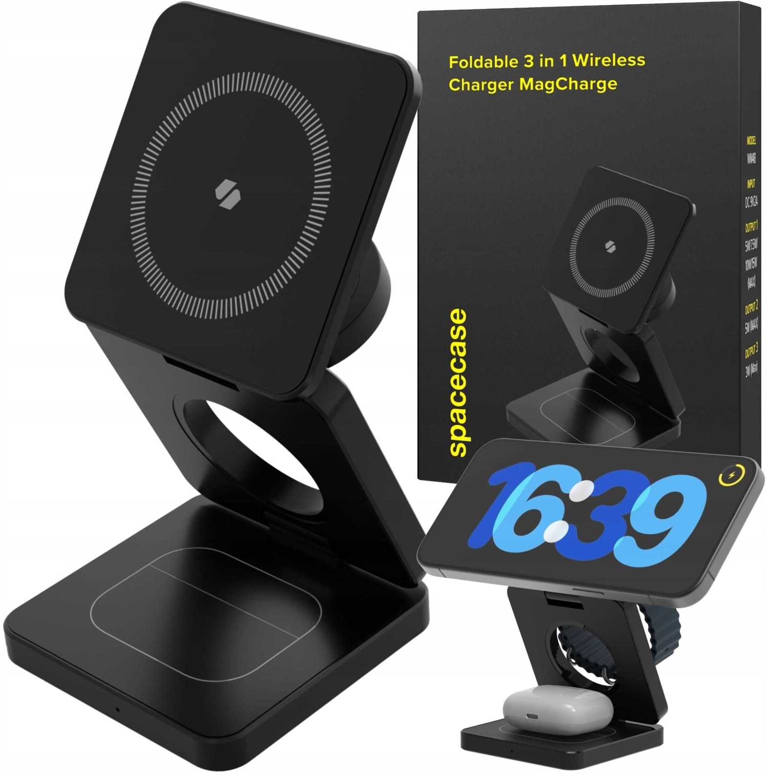 Spacecase WM4B Foldable 3 in 1 Wireless Charger MagCharger - Αναδιπλούμενη Βάση Ασύρματης Φόρτισης MagSafe για iPhone 15 / 14 / 13 / 12 / AirPods / Apple Watch - 15W - Black