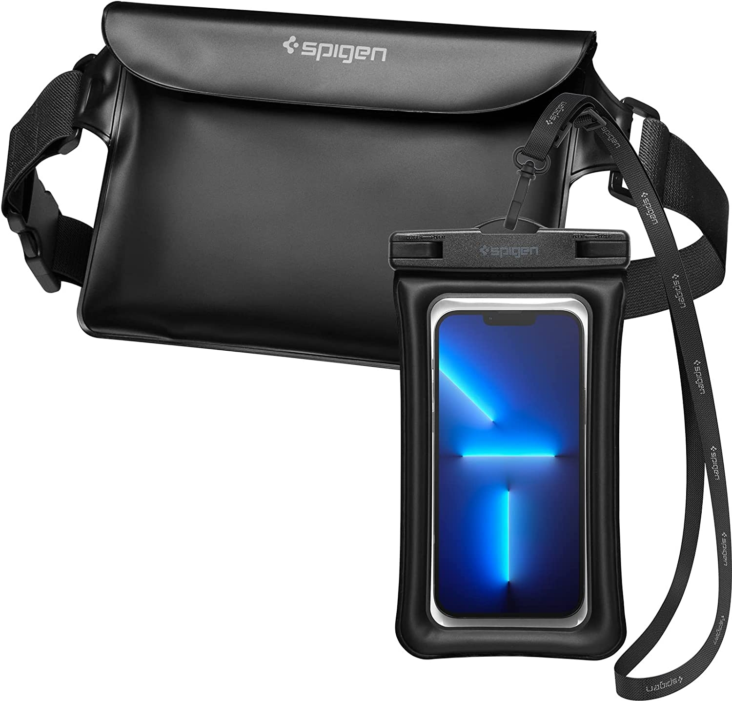 Spigen A621 Aqua Shield Waterproof Floating Bag & Pouch Bag Set - Σετ Universal Αδιάβροχη Τσάντα Μέσης 20 x 12 cm & Αδιάβροχη Θήκη για Κινητά έως 6.8'' - IPX8 - Black
