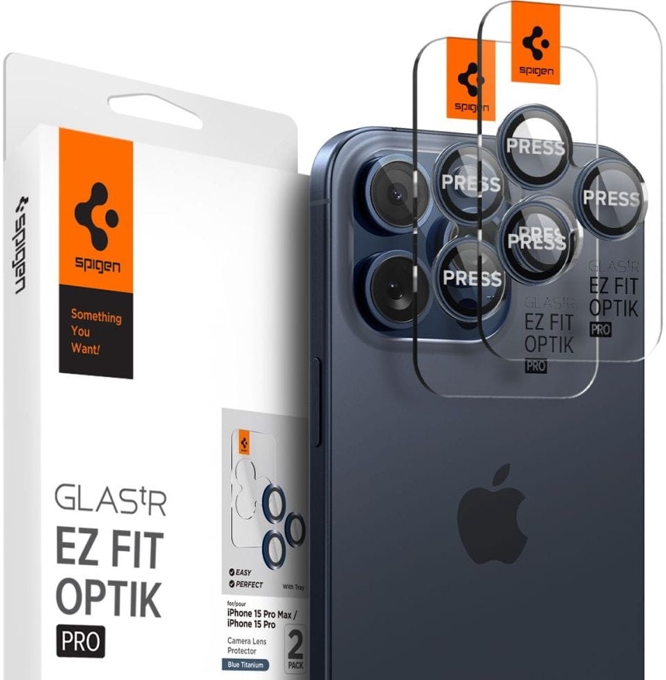 Spigen GLAS.tR EZ Fit OPTIK Pro Camera Lens Protector - Αντιχαρακτικό Προστατευτικό Γυαλί για Φακό Κάμερας Apple iPhone 15 Pro / 15 Pro Max / 14 Pro / 14 Pro Max - 2 Τεμάχια - Blue Titanium