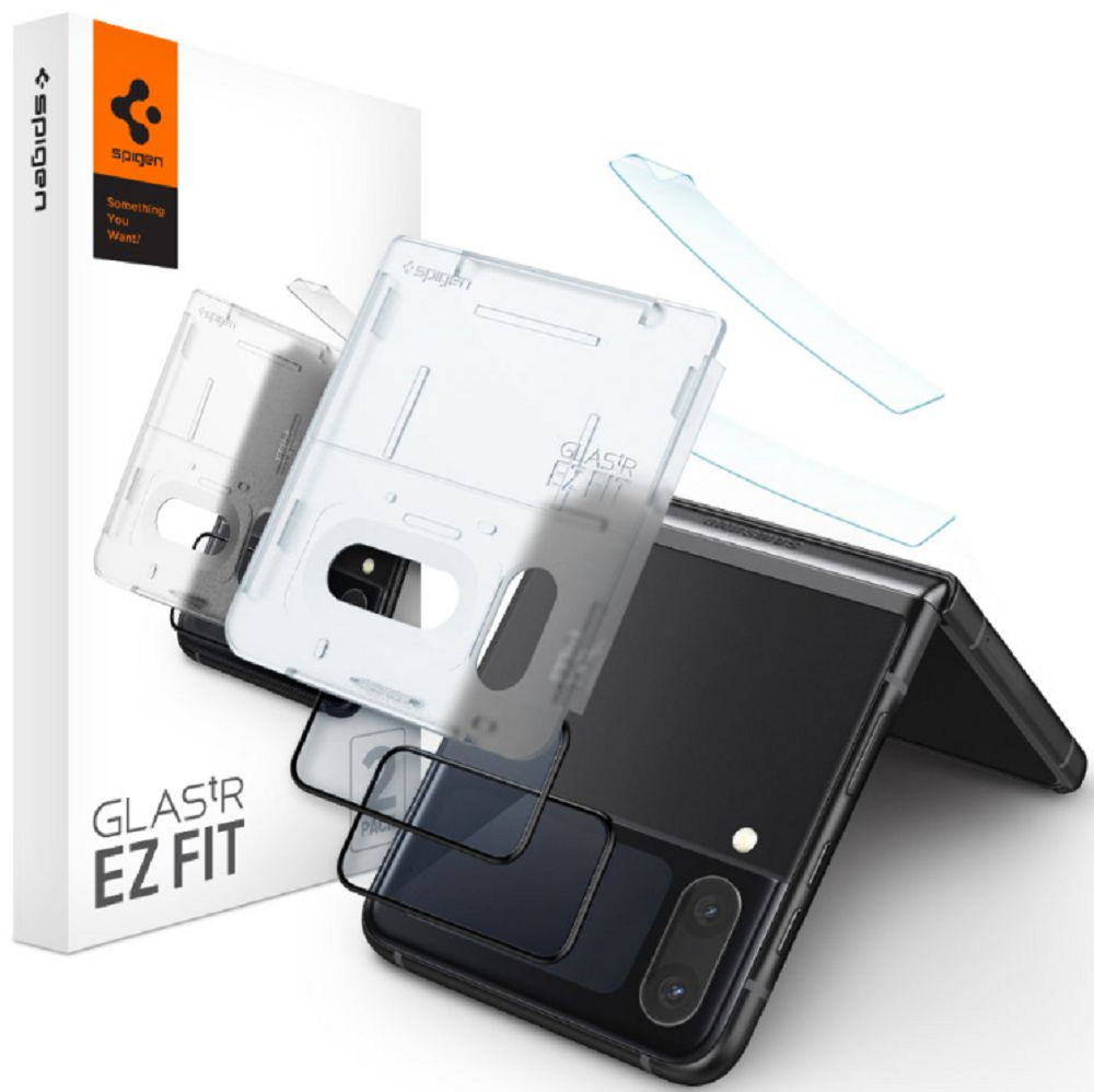 Spigen Tempered Glass GLAS.tR EZ Fit - Σετ FullFace Αντιχαρακτικό Γυαλί Εξωτερικής Μικρής Οθόνης & Μεμβράνη Μεντεσέ Hinge - Samsung Galaxy Z Flip4 - 2 Τεμάχια - Black