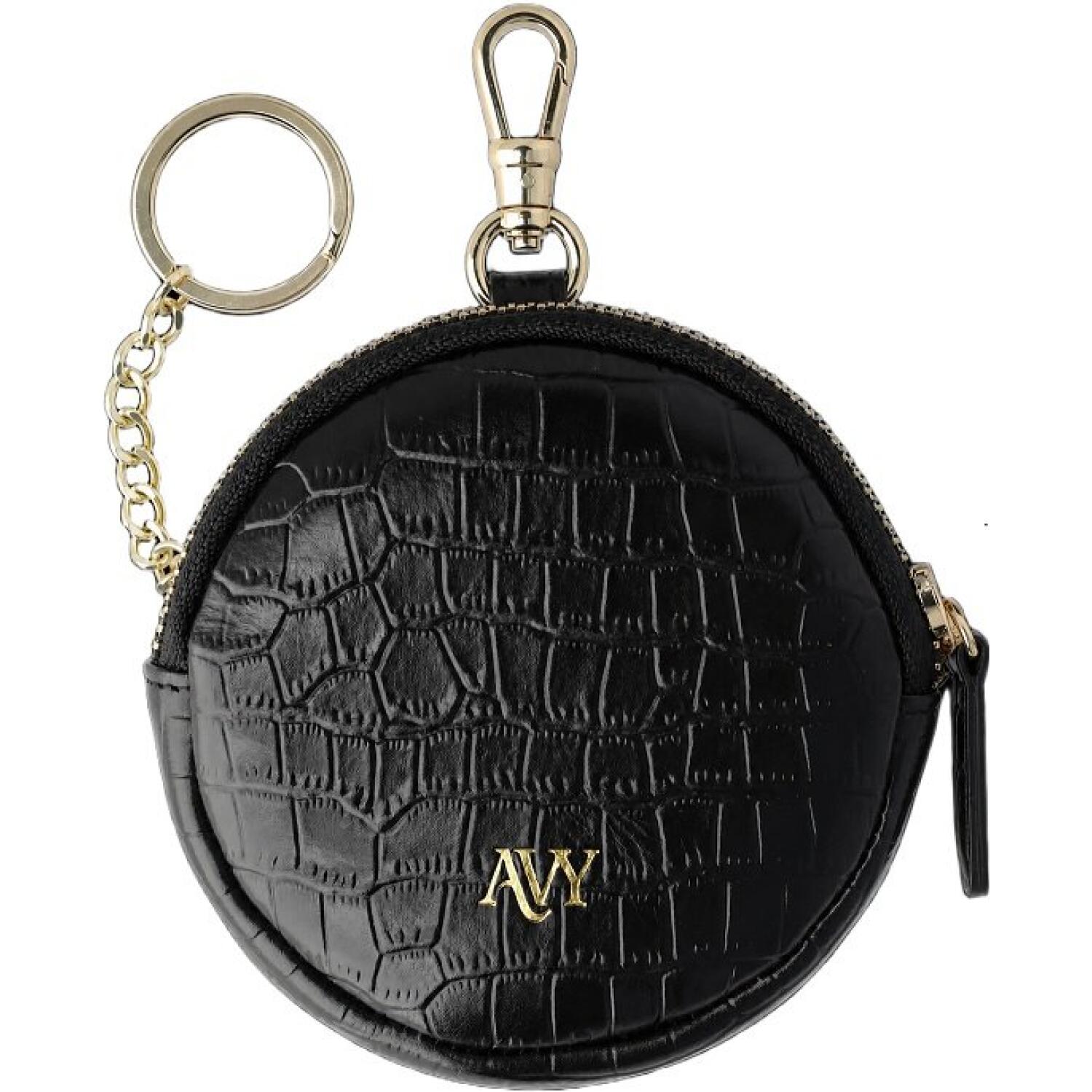 Στρογγυλή Δερμάτινη Θήκη AVY Mini Phone Bag με Φερμουάρ / Μπρελόκ & Γάντζο για AirPods & Αξεσουάρ Leather Croco Black