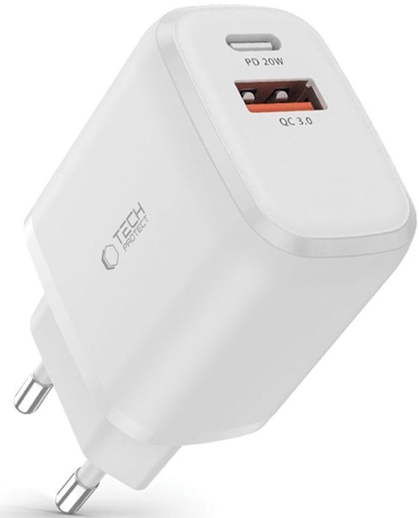 Tech-Protect C20W - Ταχυφορτιστής Ταξιδιού / Αντάπτορας με 1 x USB-A / 1 x Type-C - 20W - White 