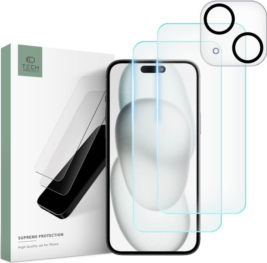Tech-Protect Supreme Set - Σετ Tempered Glass 2 x Αντιχαρακτικά Προστατευτικά Οθόνης και 1 x Κάμερας - Apple iPhone 15 - Clear