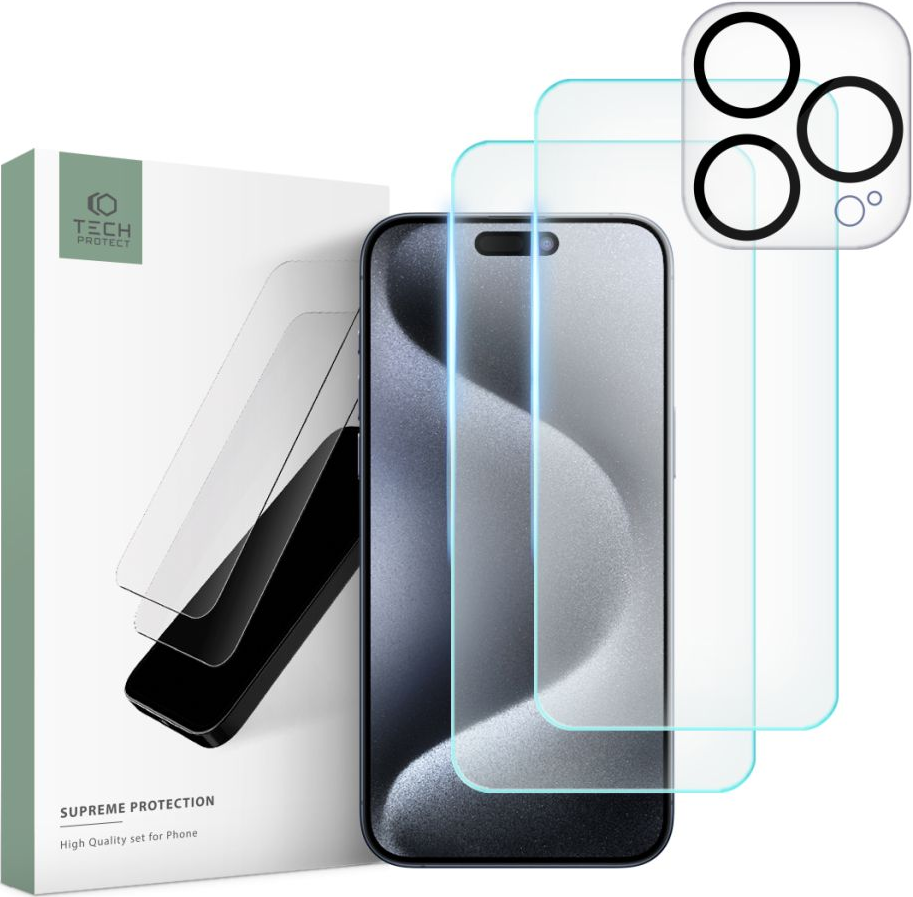 Tech-Protect Supreme Set - Σετ Tempered Glass 2 x Αντιχαρακτικά Προστατευτικά Οθόνης και 1 x Κάμερας - Apple iPhone 15 Pro - Clear