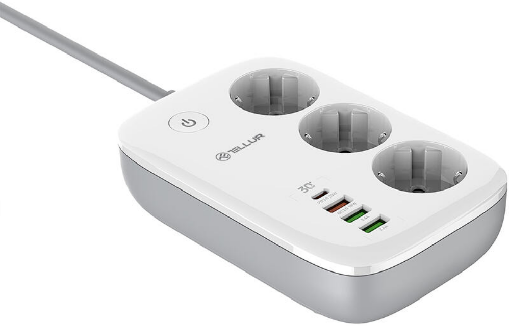 Tellur Wi-Fi Smart Power Strip - Wi-Fi Πολύπριζο με 3 x Υποδοχές Schuko 2500W με Διακόπτη & Καλώδιο 200cm - 3 x USB-A / 1 x Type-C 30W - White