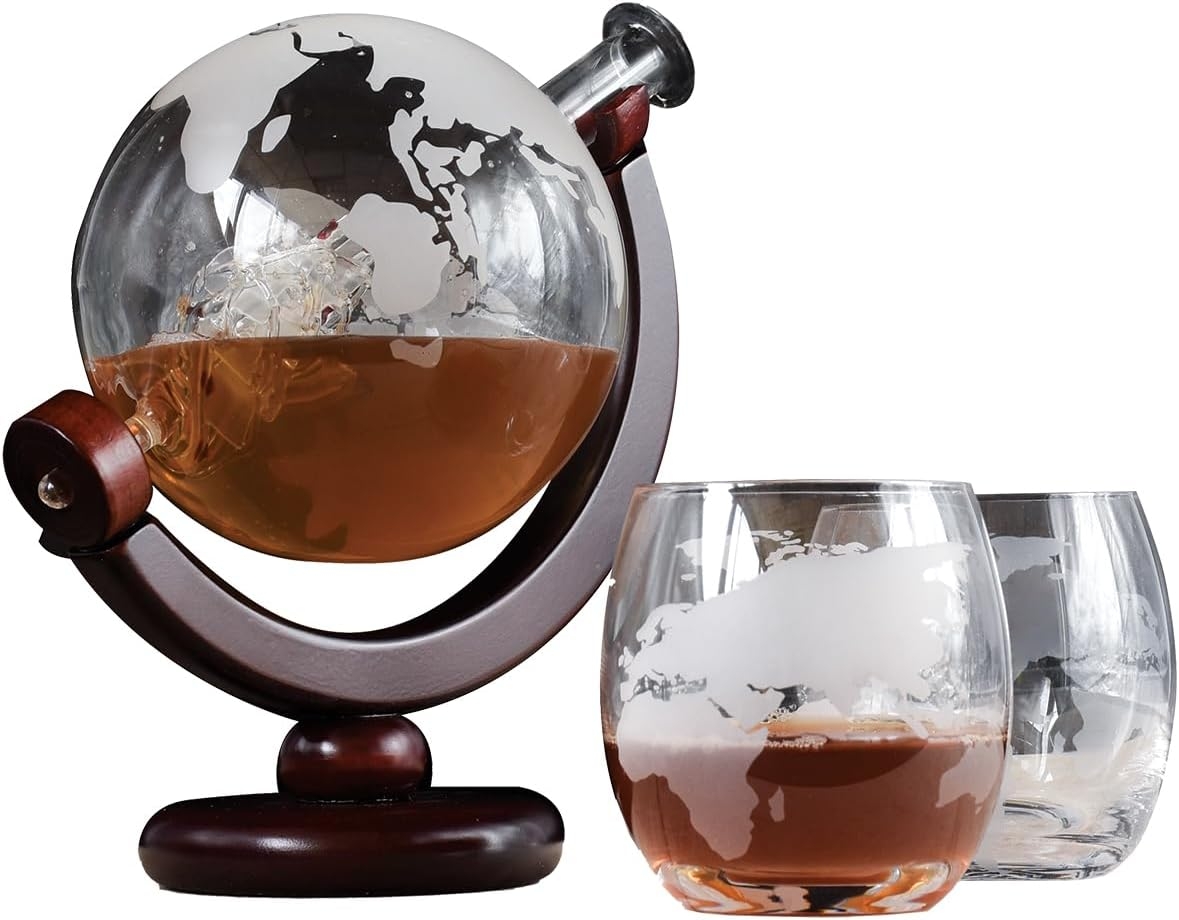 The Source InGenious Globe Decanter Set - Γυάλινο Σετ Ποτού σε Σχήμα Υδρογείου με 1 x Καράφα Σερβιρίσματος με Πώμα / 2 x Ποτήρια & 1 x Ξύλινη Βάση