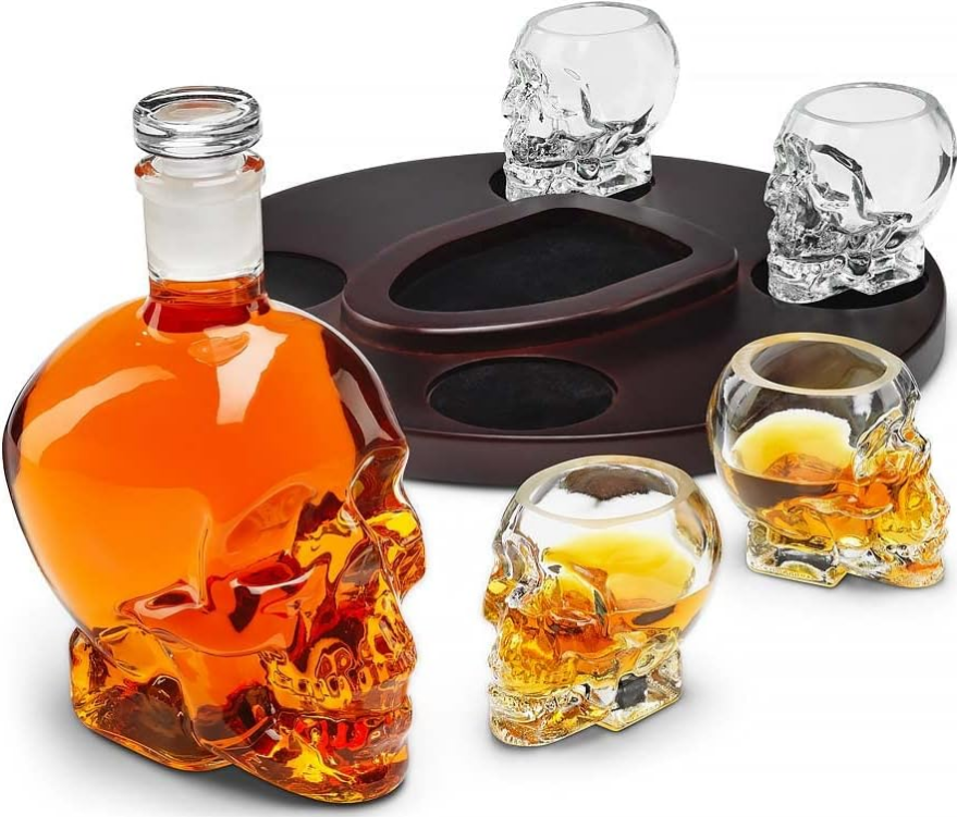 The Source InGenious Skull Decanter Set - Γυάλινο Σετ Ποτού σε Σχήμα Κρανίου με 1 x Καράφα Σερβιρίσματος με Πώμα / 4 x Ποτήρια & 1 x Δίσκος
