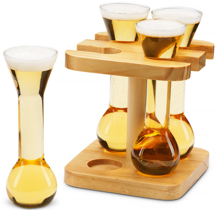 The Source Winning Mini Yards Of Ale - Σετ με 4 Μίνι Γυάλινα Ποτήρια Μπύρας / Κρασιού / Ποτού με Ξύλινη Βάση - 55ml