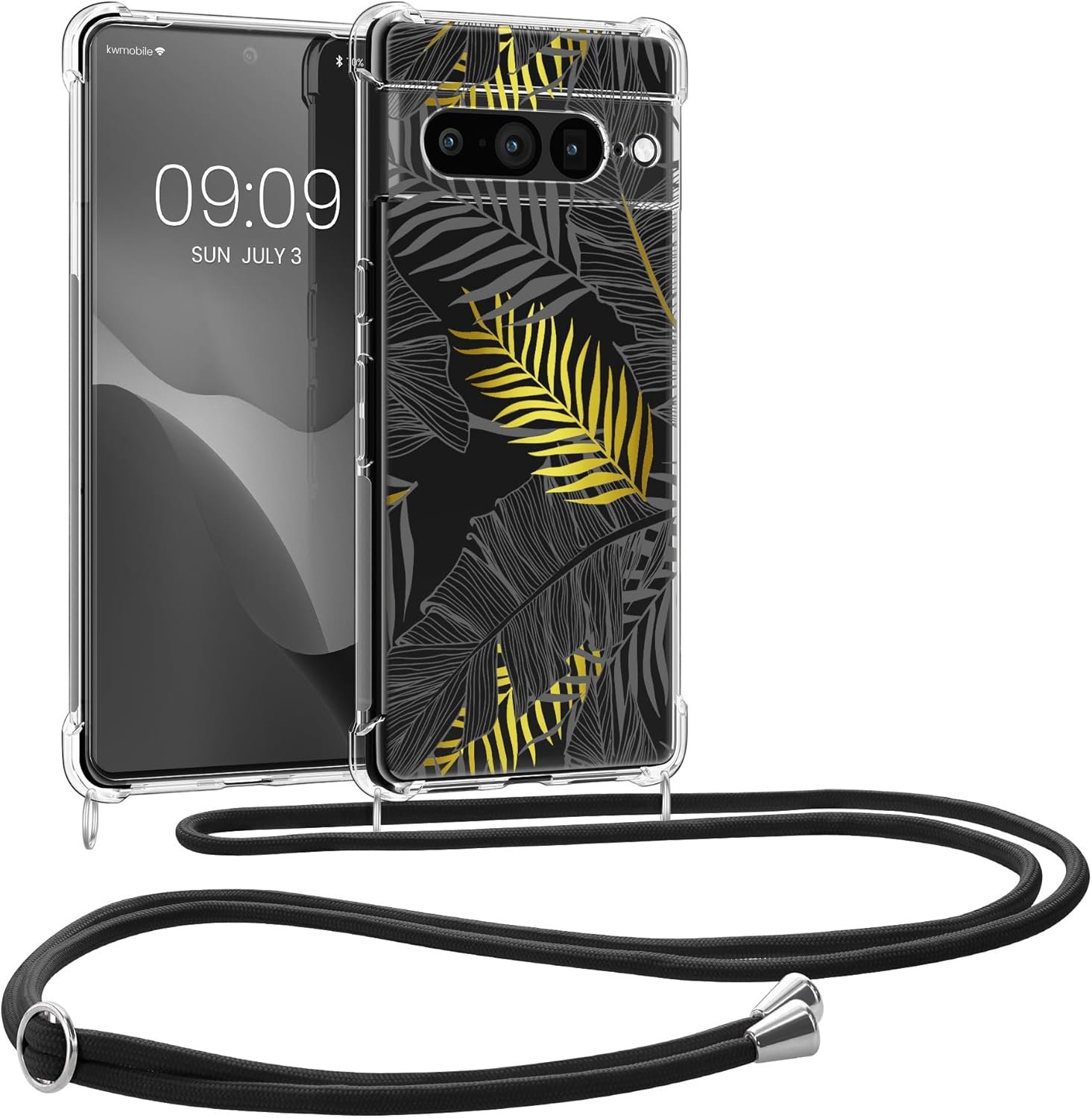 Θήκη Google Pixel 7 Pro KWmobile Crystal TPU Necklace Διάφανη Σιλικόνης με Λουράκι Λαιμού Palm Leaves / Yellow / Grey / Transparent